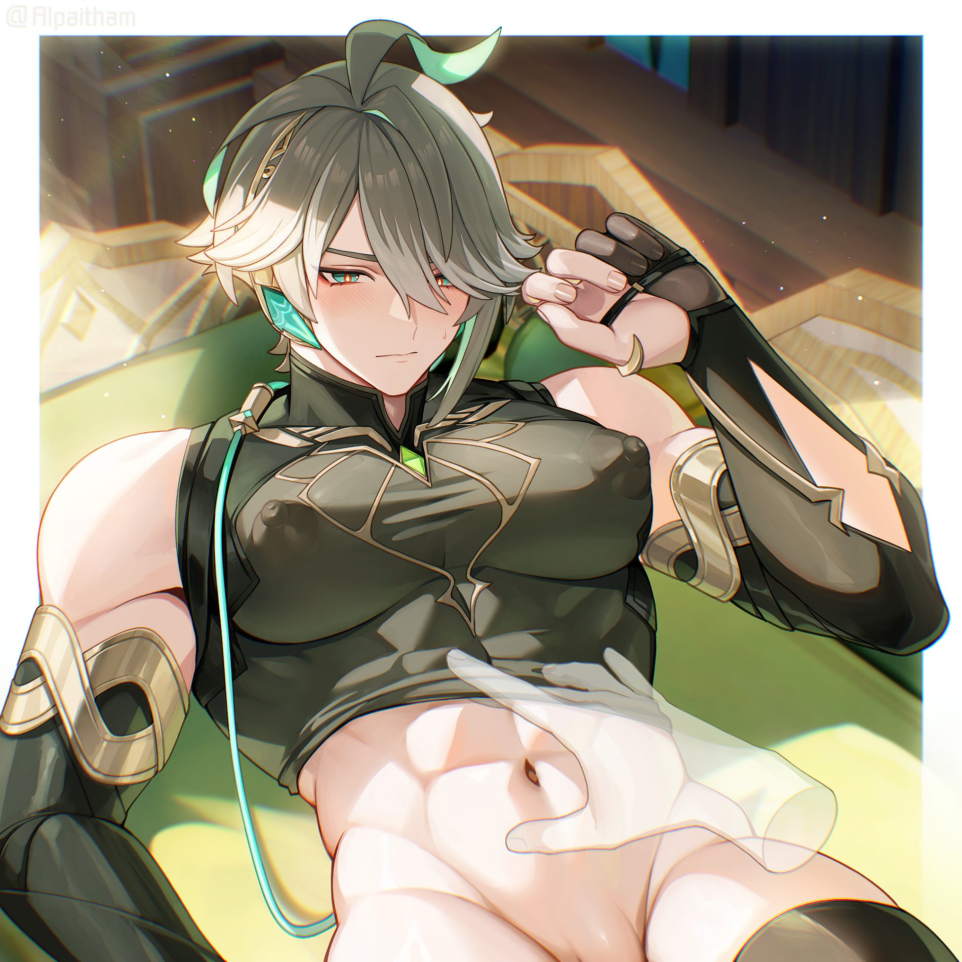 alpaitham, alhaitham (genshin impact), genshin impact, highres, 1boy, 1other, abs, aqua eyes, aqua hair, black gloves, black shirt, black sleeves, closed mouth, clothes lift, fingerless gloves, gloves, grey hair, hair between eyes, male focus, male with breasts, multicolored hair, muscular, muscular male, navel, nipples, open clothes, open shirt, penis, puffy male chest, shirt, shirt lift, short hair, stomach, streaked hair, white hair