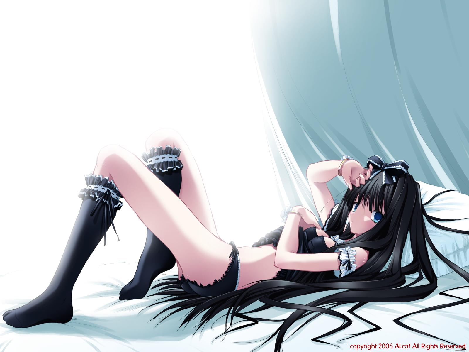 nimura yuushi, maya (triptych), triptych, highres, 1girl, bed, bed sheet, black hair, black panties, blue eyes, bow, breasts, curtains, female focus, goth fashion, hair bow, hand above head, lingerie, long hair, lying, on back, on bed, panties, pillow, sideways glance, small breasts, solo, underwear, underwear only, very long hair