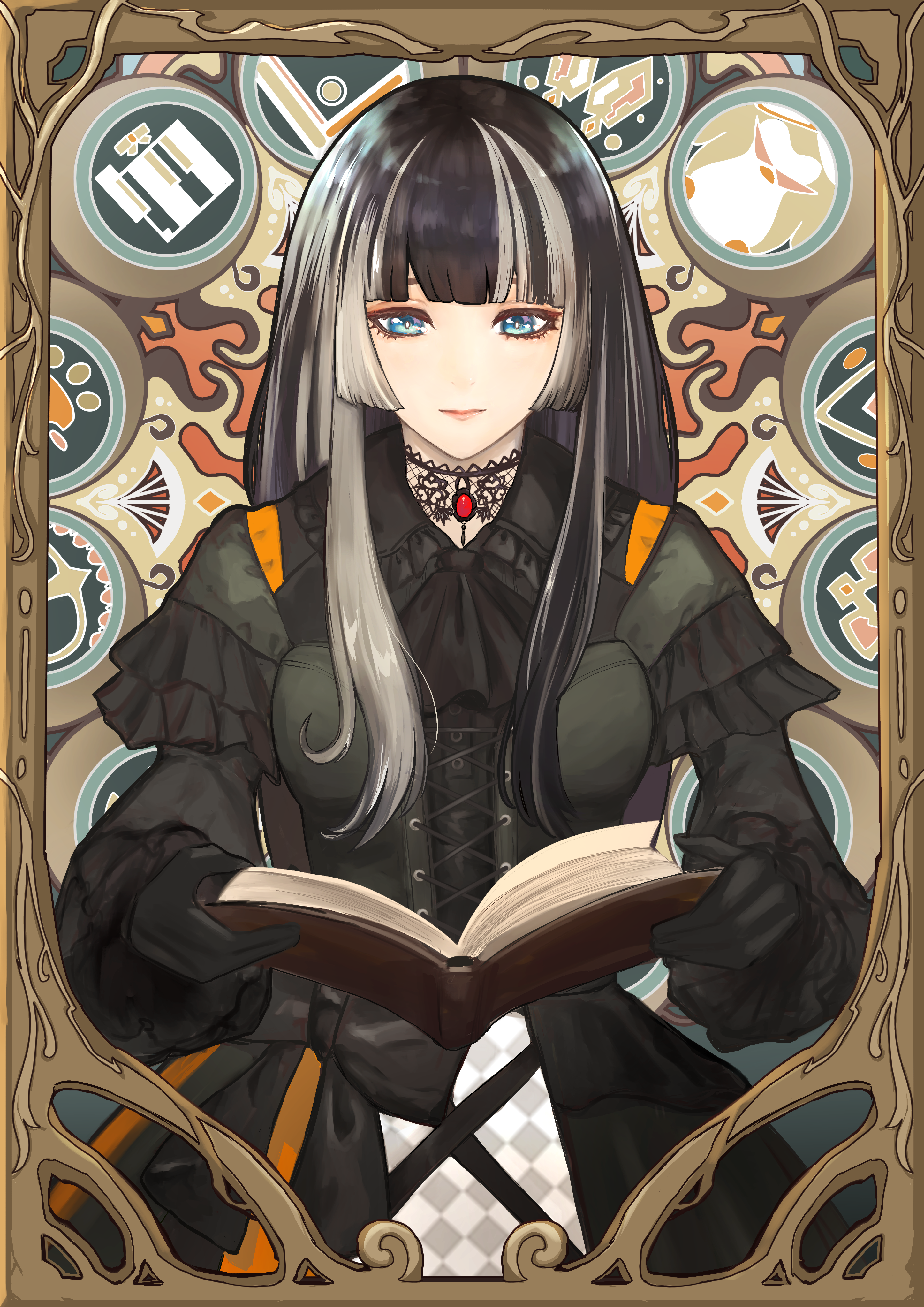 kokorozashi muro koutarou, juufuutei raden, juufuutei raden (1st costume), hololive, hololive dev is, absurdres, commentary request, highres, 1girl, art nouveau, black hair, book, choker, cross-laced clothes, cross-laced dress, gothic lolita, holding, holding book, lace, lace choker, lolita fashion, long hair, multicolored hair, open book, solo, streaked hair, two-tone hair, virtual youtuber, white hair