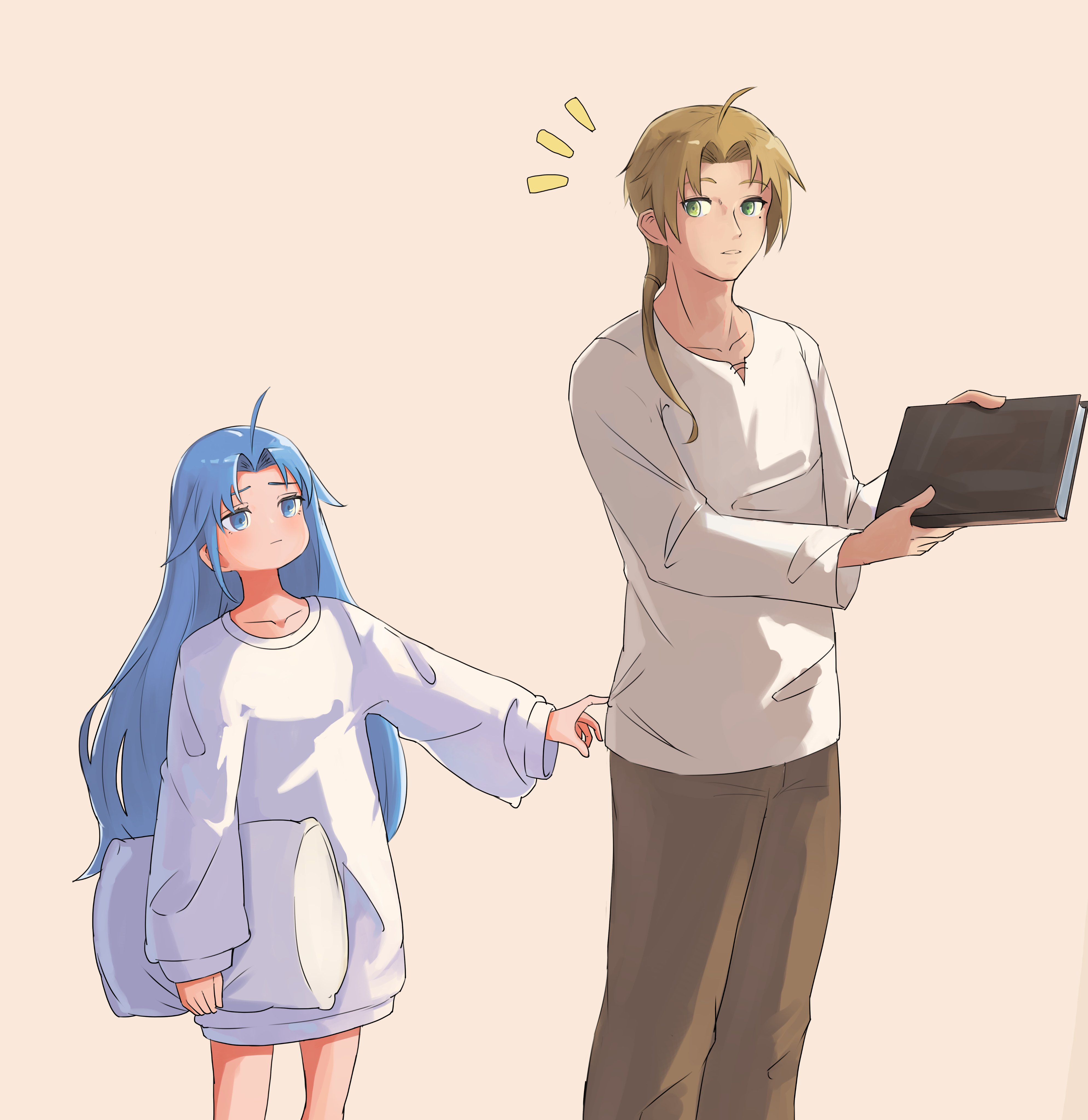 onshi 6641, lara greyrat, rudeus greyrat, mushoku tensei, absurdres, highres, 1boy, 1girl, ahoge, blue hair, book, father and daughter, green eyes, holding, holding book, long hair, mole, mole under eye, pillow, ponytail, shirt tug