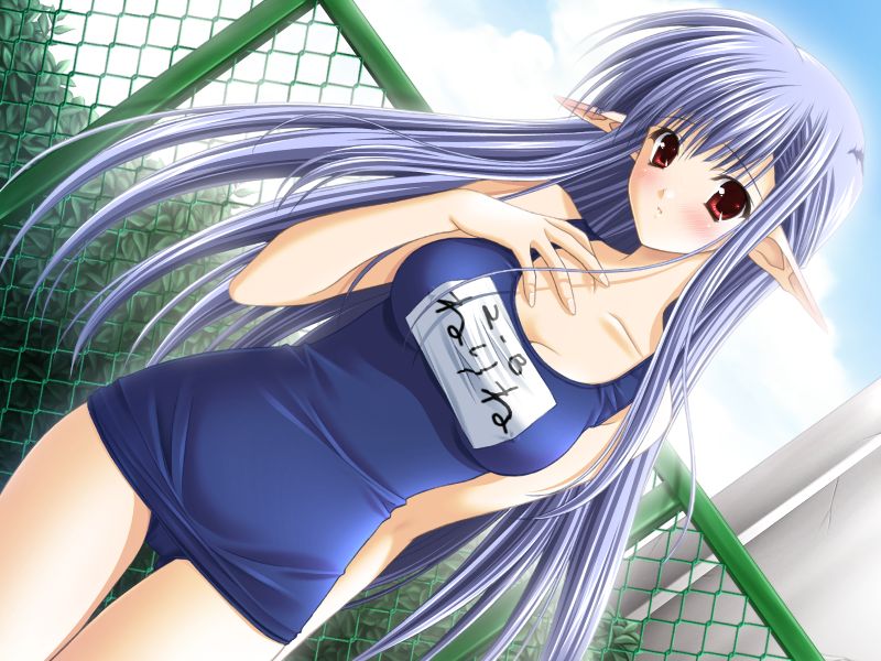 suzuhira hiro, nerine, shuffle!, game cg, official art, 00s, 1girl, backlighting, blue hair, blue one-piece swimsuit, blush, breasts, character name, cleavage, cowboy shot, day, dutch angle, female focus, fingernails, half updo, legs together, long fingernails, long hair, name tag, one-piece swimsuit, outdoors, pointy ears, red eyes, school swimsuit, sky, solo, standing, swimsuit, very long hair