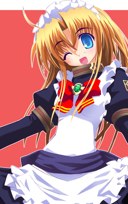 original, eyebrows, 1girl, apron, blonde hair, blue eyes, bow, brooch, female focus, happy, jewelry, long hair, long sleeves, looking at viewer, maid, maid apron, maid headdress, one eye closed, open mouth, puffy long sleeves, puffy sleeves, red background, red bow, simple background, smile, solo, wink