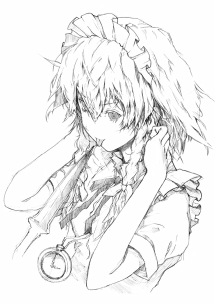 fuyuno haruaki, izayoi sakuya, touhou, 1girl, braid, cropped torso, female focus, greyscale, maid, monochrome, simple background, sketch, solo, twin braids, upper body, white background
