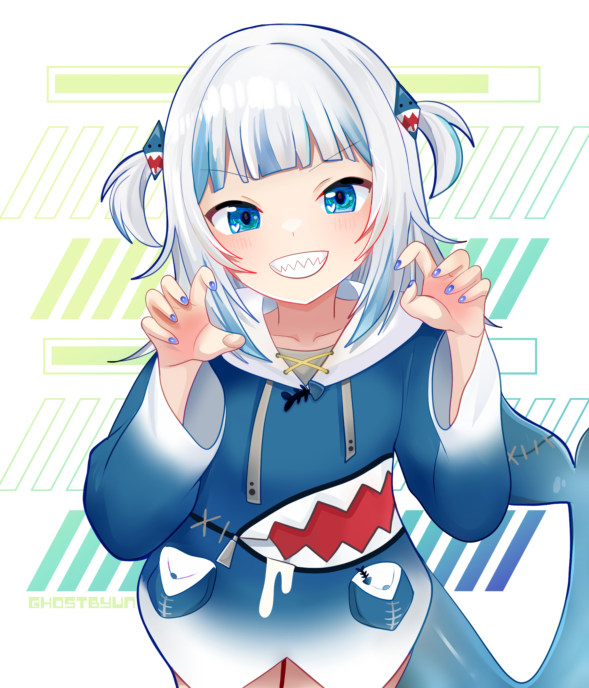 ghosttbyun, gawr gura, gawr gura (1st costume), hololive, hololive english, commentary, english commentary, highres, 1girl, :d, animal costume, blue eyes, blue hair, blue hoodie, blue nails, blunt bangs, claw pose, cowboy shot, fins, fish tail, grey hair, hair ornament, hands up, heart, heart in eye, hood, hoodie, long hair, long sleeves, looking at viewer, multicolored hair, nail polish, no pants, open mouth, shark costume, shark girl, shark hair ornament, shark tail, sharp teeth, sleeves past wrists, smile, solo, streaked hair, symbol in eye, tail, teeth, two side up, v-shaped eyebrows, virtual youtuber, wide sleeves