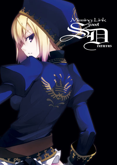 shingo (missing link), fantasy earth zero, 1girl, black background, blonde hair, english text, female focus, from behind, hat, juliet sleeves, long sleeves, looking at viewer, looking back, puffy sleeves, purple eyes, simple background, solo