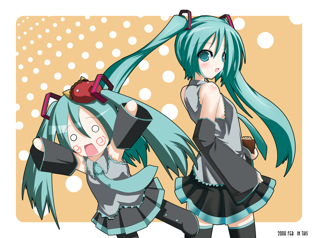 chu (chu inthis), hachune miku, hatsune miku, vocaloid, 2girls, aqua hair, arms up, black skirt, blue eyes, border, chibi, collared shirt, detached sleeves, empty eyes, headgear, long sleeves, looking at viewer, multiple girls, o o, pleated skirt, shirt, skirt, sleeveless, sleeveless shirt, thighhighs, twintails