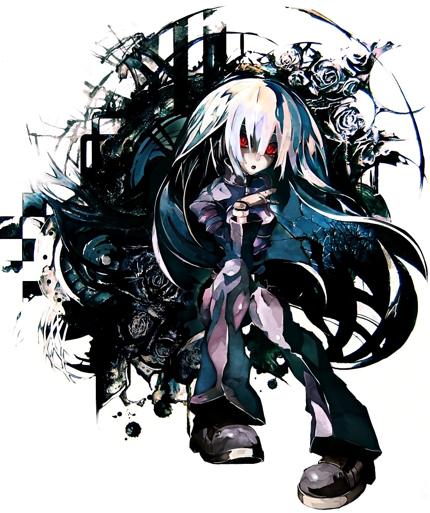 banpai akira, kula diamond, snk, the king of fighters, 1girl, blue hair, boots, female focus, gloves, long hair, pigeon-toed, red eyes, robot, sitting, solo, white hair