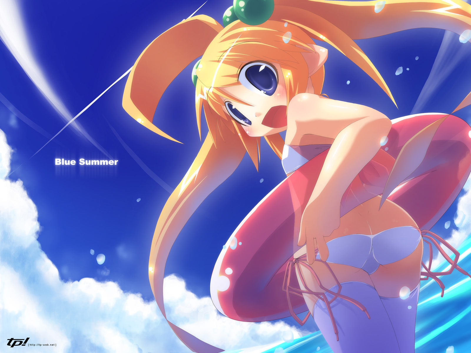 hirose madoka, original, highres, 1girl, beach, bikini, blonde hair, blue eyes, blue sky, cloud, day, female focus, long hair, outdoors, pointy ears, side-tie bikini bottom, sky, solo, summer, swimsuit, thighhighs, twintails, water