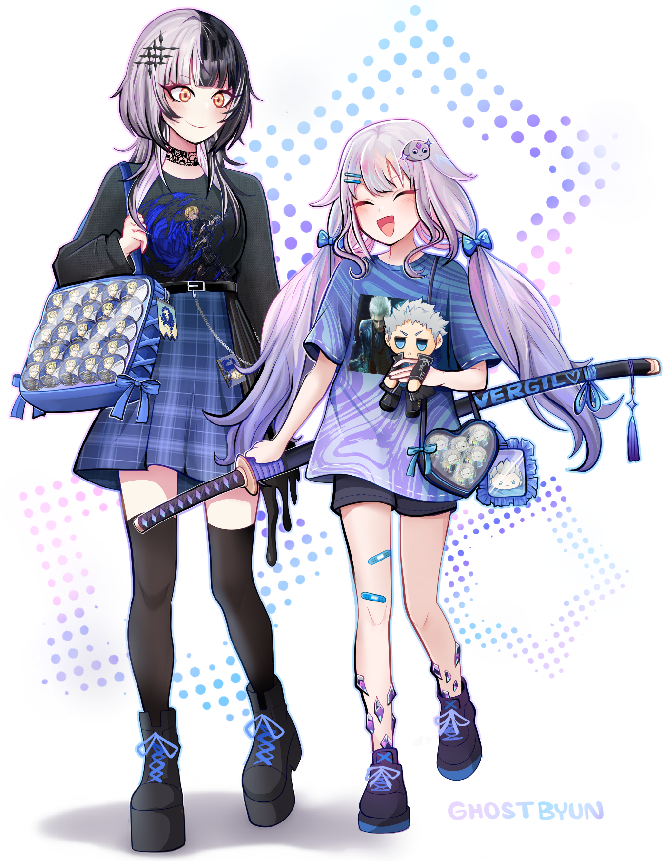 ghosttbyun, koseki bijou, pebble (koseki bijou), shiori novella, vergil (devil may cry), devil may cry (series), hololive, hololive english, character request, commentary, copyright request, english commentary, highres, 2girls, ^ ^, alternate costume, bandaid, bandaid on leg, belt, black belt, black boots, black choker, black hair, black shirt, black shoes, black shorts, black thighhighs, blue shirt, blue skirt, boots, center-flap bangs, character hair ornament, character name, choker, closed eyes, closed mouth, double-parted bangs, full body, gradient hair, grey hair, hair flaps, hair ornament, hairclip, holding, holding stuffed toy, itabag, katana, lace, lace choker, long hair, long sleeves, looking at viewer, low twintails, multicolored hair, multiple girls, open mouth, parallel hairclips, pink hair, plaid clothes, plaid skirt, platform boots, print shirt, purple eyes, purple hair, sheath, sheathed, shirt, shirt tucked in, shoes, short shorts, shorts, skirt, smile, sneakers, split-color hair, stuffed toy, sword, t-shirt, thighhighs, twintails, very long hair, virtual youtuber, weapon, yellow eyes