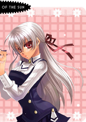 original, silver hair, lowres, 1girl, black dress, buttons, checkered background, cowboy shot, dress, female focus, hair ribbon, long sleeves, looking at viewer, red eyes, red ribbon, ribbon, school uniform, serafuku, simple background, solo