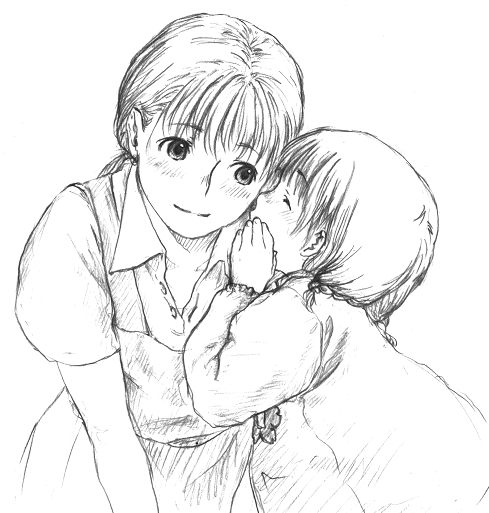 mokyu tasuku, mokyusuke, original, 2girls, ^ ^, blush, closed eyes, closed mouth, collarbone, collared dress, dress, from side, greyscale, long sleeves, monochrome, multiple girls, profile, puffy short sleeves, puffy sleeves, short sleeves, simple background, sketch, sweater, whispering, white background