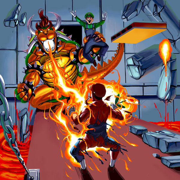 kouno (masao), bowser, luigi, mario, mario (series), nintendo, super mario bros. 1, 2boys, ass, brothers, fire, immolated, male focus, multiple boys, realistic, siblings, tearing clothes, torn clothes