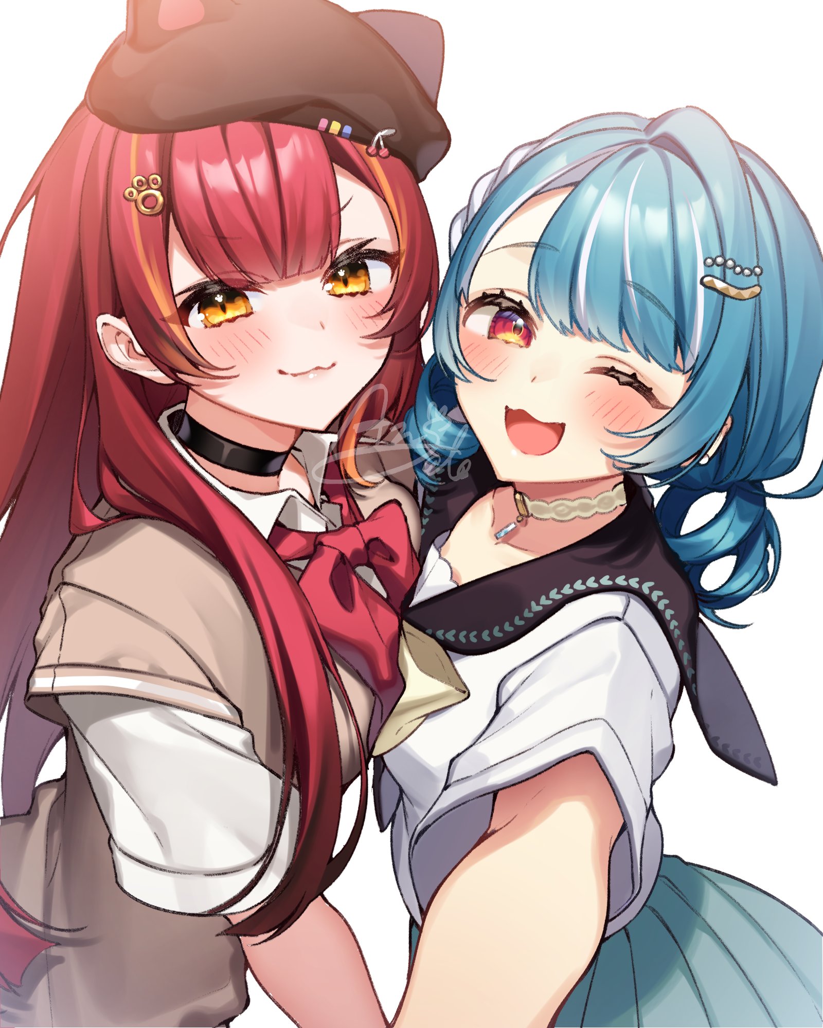 anzu 1026, nekota tsuna, nekota tsuna (4th costume), shiranami ramune, shiranami ramune (2nd costume), vspo!, highres, 2girls, :3, ;3, animal hat, black choker, black hat, black sailor collar, blue hair, blush, bow, bowtie, brown sweater, cat hat, choker, closed mouth, collared shirt, green skirt, hair ornament, hat, long hair, looking at viewer, multicolored hair, multiple girls, one eye closed, open mouth, orange eyes, paw hair ornament, paw hairpin, pleated skirt, red bow, red bowtie, red hair, sailor collar, school uniform, shirt, short sleeves, simple background, skirt, smile, streaked hair, sweater, virtual youtuber, white background, white hair, white shirt