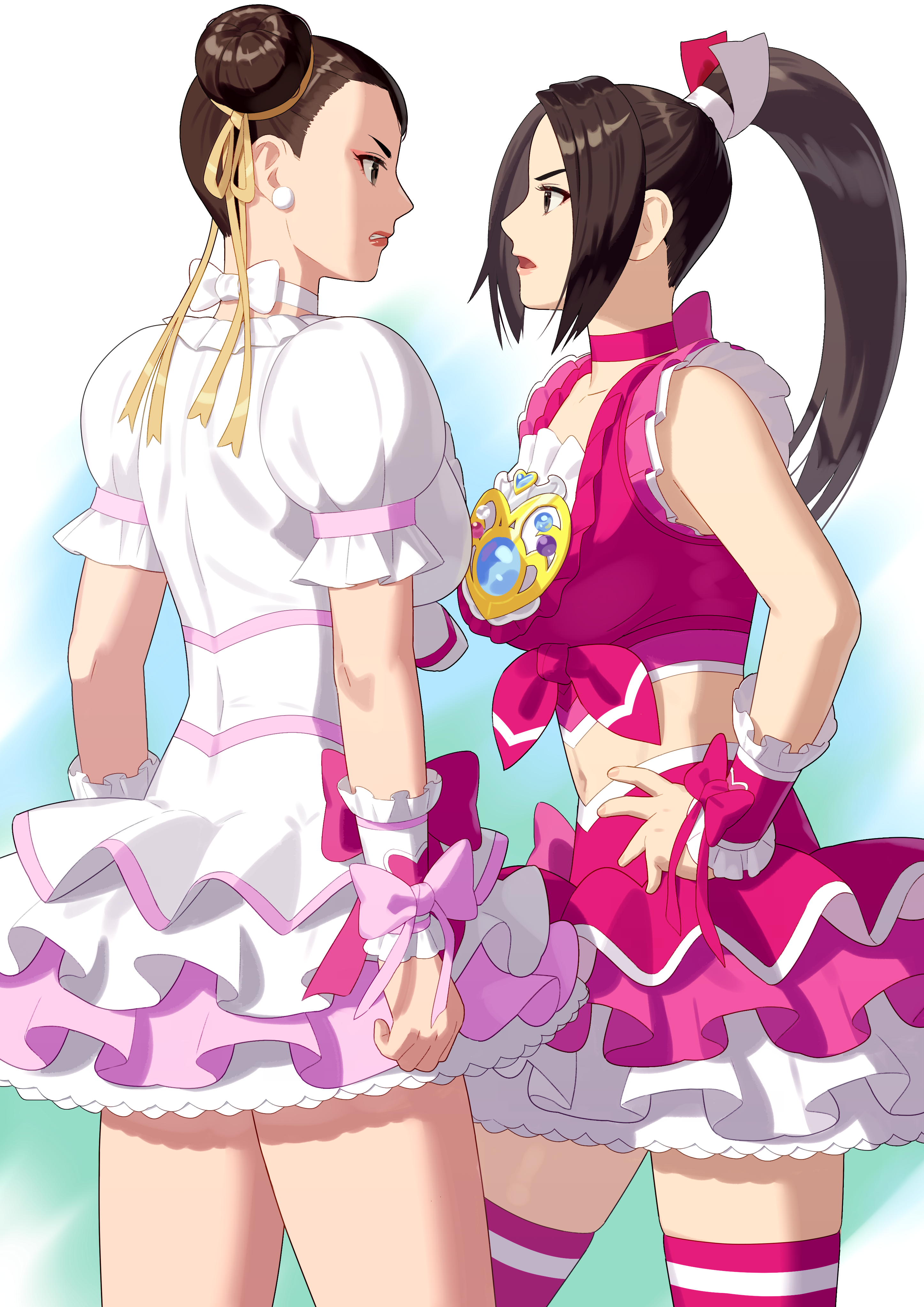 yagi2013, chun-li, cure melody, cure rhythm, koshimizu ami, orikasa fumiko, shiranui mai, capcom, fatal fury, precure, street fighter, suite precure, the king of fighters, absurdres, commission, highres, skeb commission, brown eyes, choker, cosplay, crossover, cure melody (cosplay), cure rhythm (cosplay), double bun, dress, frilled dress, frills, hair bun, long hair, magical girl, pink choker, ponytail, short sleeves, voice actor connection, white dress, wrist cuffs