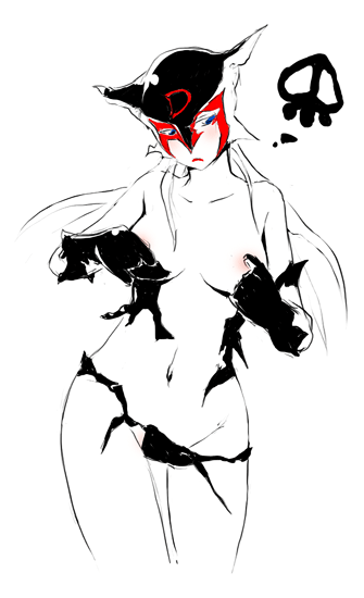 noise (tsuzuki), doronjo, tatsunoko production, time bokan (series), yatterman, 1girl, bare shoulders, blue eyes, blush, breasts, covering breasts, covering privates, female focus, frown, gloves, large breasts, lipstick, long hair, makeup, mask, monochrome, navel, partially colored, sad, sketch, skull, solo, thigh gap, torn clothes