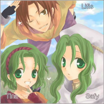 kiyuu, lifis (fire emblem), safy (fire emblem), tina (fire emblem), fire emblem, fire emblem: thracia 776, nintendo, lowres, 1boy, 2girls, brown hair, fingerless gloves, gloves, green eyes, green hair, grin, hairband, long hair, looking at viewer, multiple girls, one eye closed, pants, purple pants, red hairband, salute, shirt, short hair, siblings, sisters, smile, white hood, yellow shirt