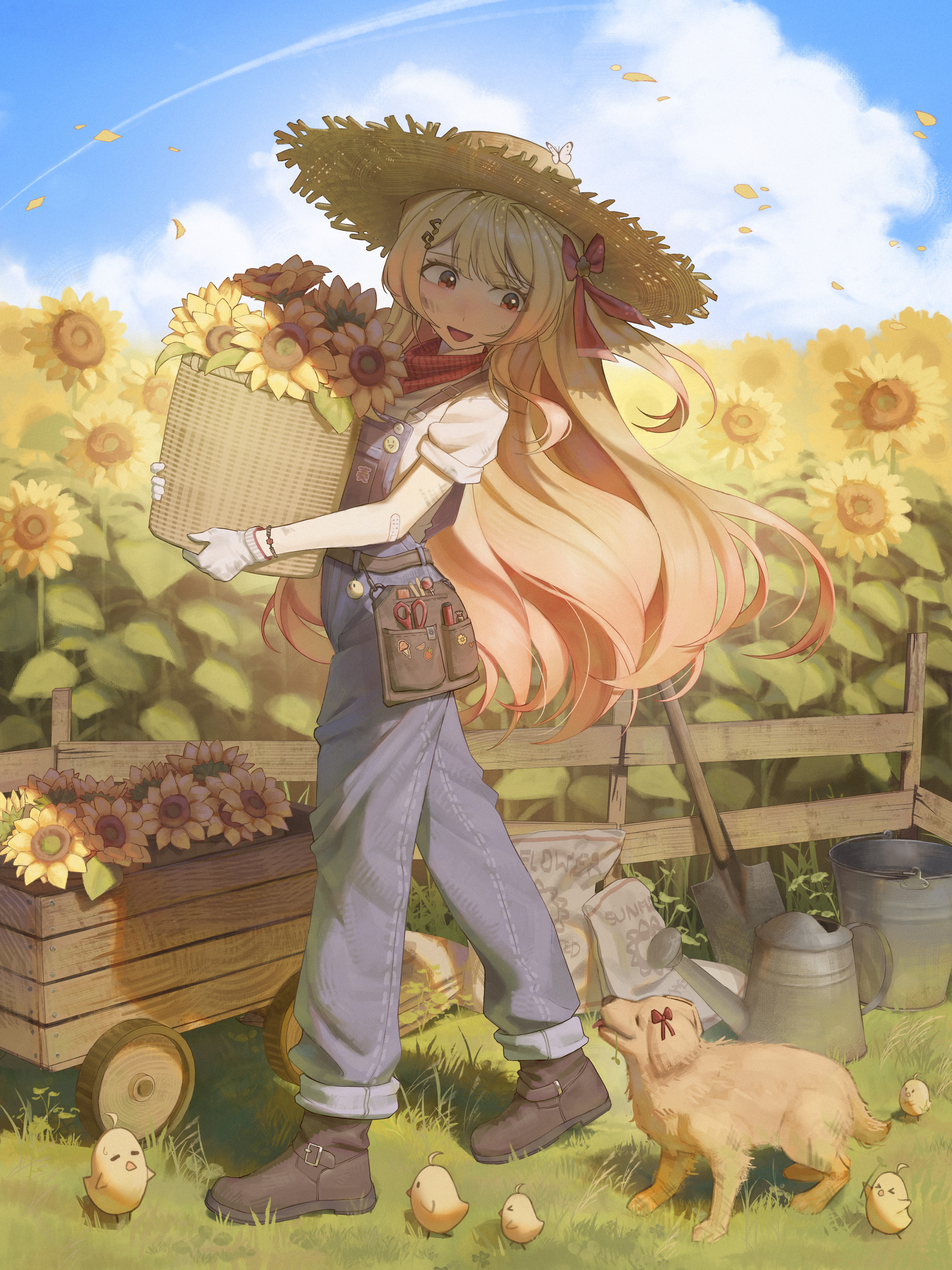 jesslapt, otonose kanade, hololive, hololive dev is, absurdres, commentary request, highres, 1girl, animal, baby animal, bag, basket, bird, black boots, blonde hair, blue overalls, boots, bow, bucket, chicken, cloud, cloudy sky, cumulonimbus cloud, day, dog, field, flower, flower field, full body, gloves, hair bow, hat, holding, holding basket, long hair, looking to the side, open mouth, outdoors, overalls, puppy, red bow, shirt, shovel, sky, solo, sprinkler, standing, straw hat, sunflower, sunflower field, virtual youtuber, watering can, white gloves, white shirt