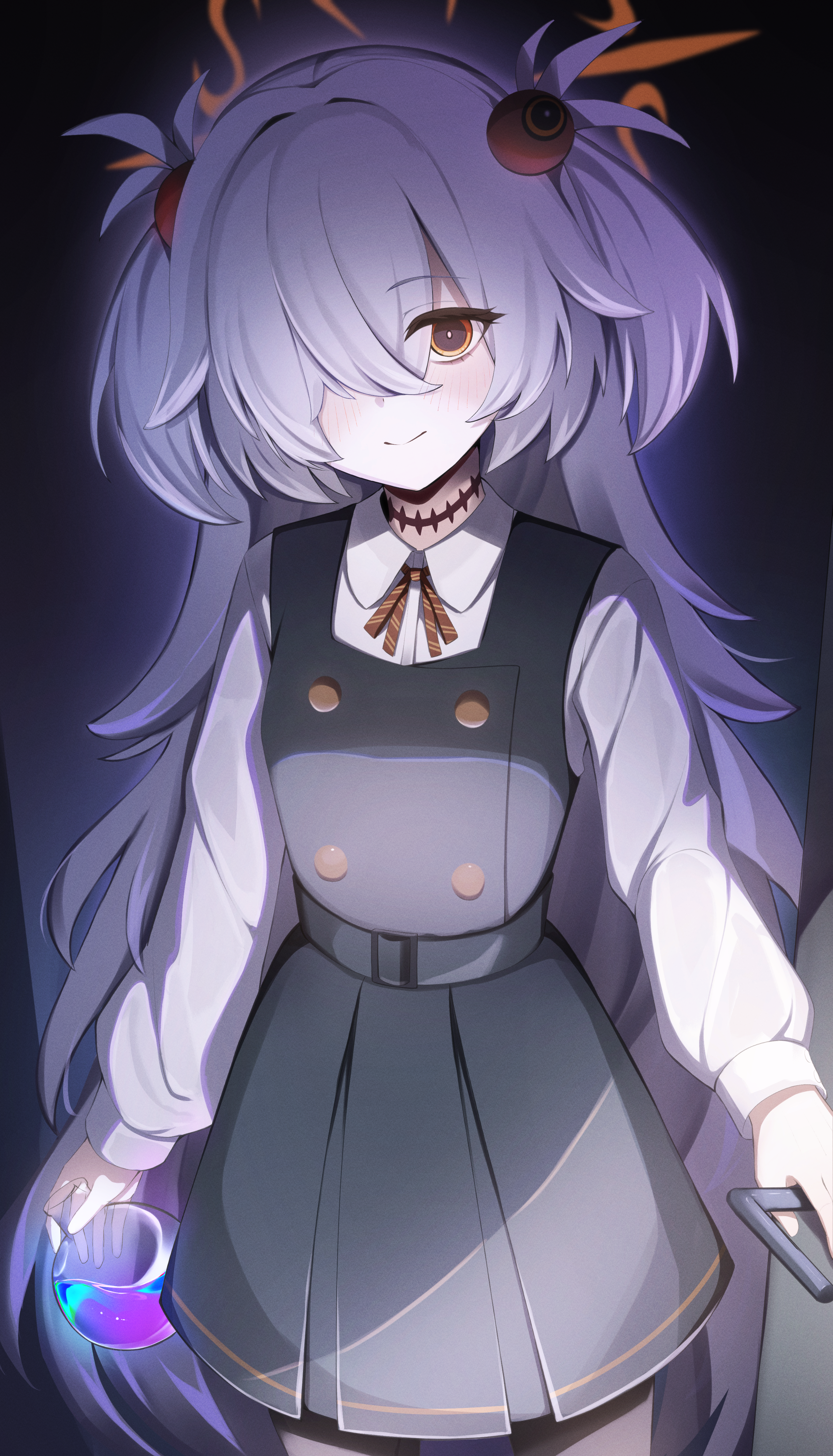 kuromiz, kanoe (blue archive), blue archive, absurdres, highres, 1girl, dress, hair over one eye, long hair, looking at viewer, shirt, smile, solo