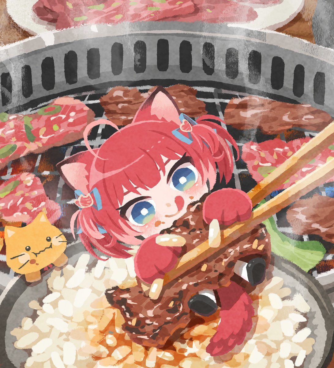 miclot, original, commentary request, highres, second-party source, 1girl, :q, ahoge, animal ears, black shoes, blue eyes, blue ribbon, blush, cat, cat ears, cat girl, chibi, chibi only, chopsticks, closed mouth, food, hair ribbon, meat, red hair, ribbon, rice, shoes, short hair, smile, solo, tongue, tongue out