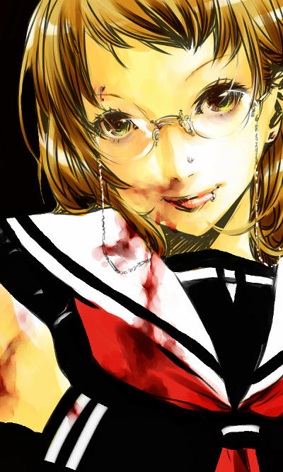 goshiki suzu, 1girl, blood, eyebrow piercing, face piercing, female focus, glasses, lip piercing, nose piercing, piercing, school uniform, serafuku, simple background, solo