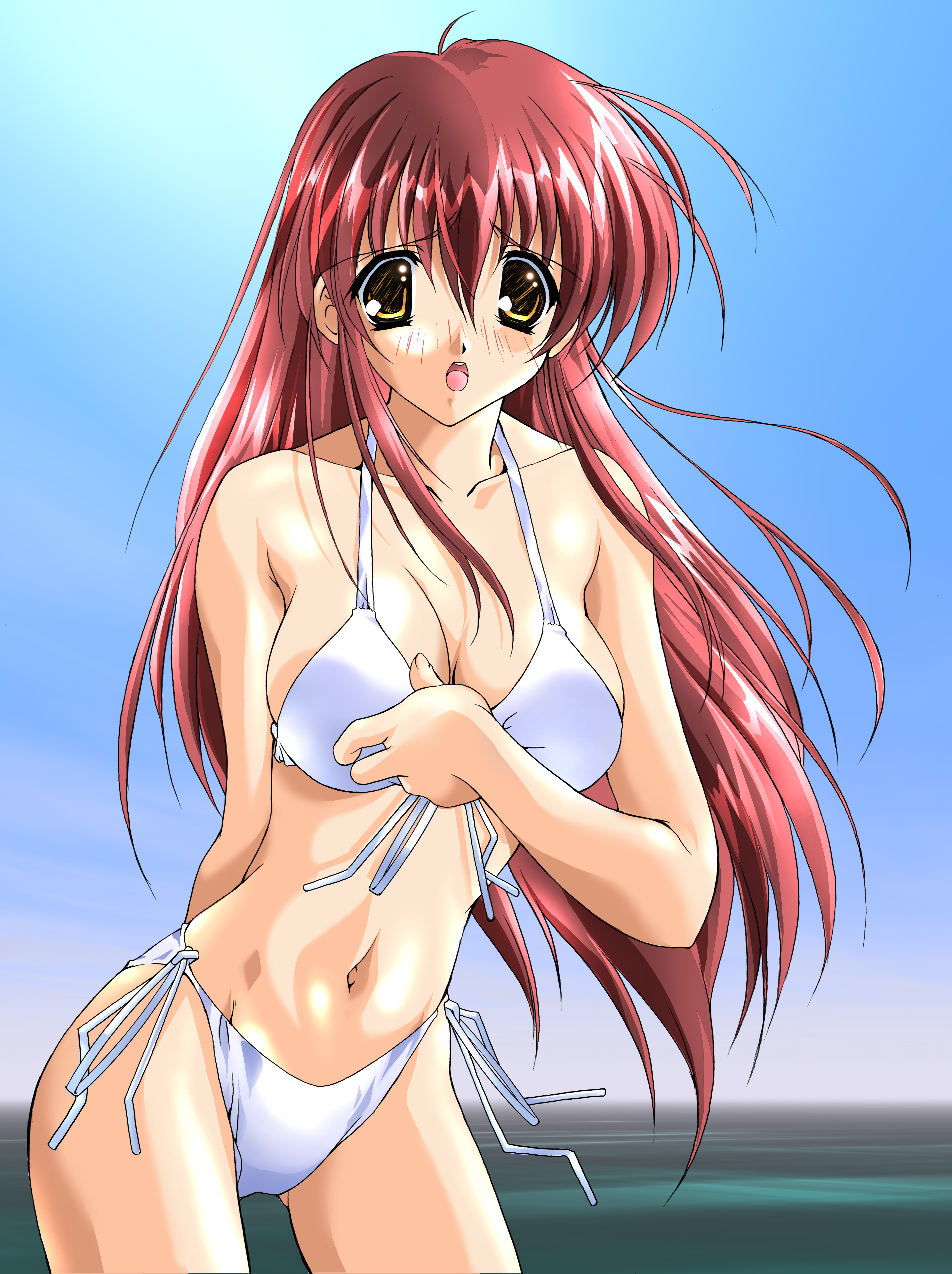 asuka keisuke, absurdres, highres, 1girl, bikini, blush, breasts, cleavage, cloud, collarbone, day, embarrassed, female focus, large breasts, long hair, looking at viewer, navel, ocean, open mouth, red hair, side-tie bikini bottom, sky, solo, standing, swimsuit, teeth, water, white bikini, yellow eyes
