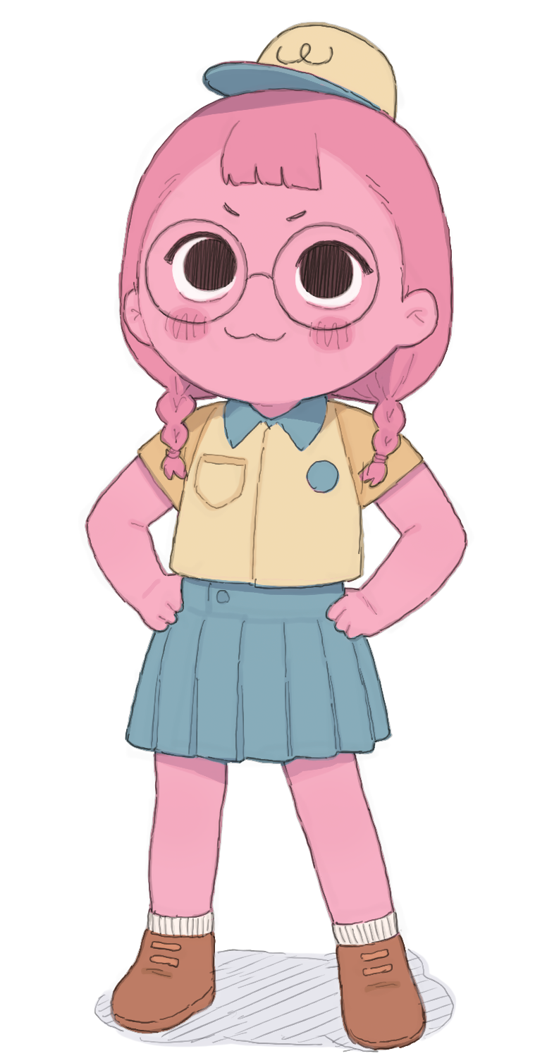 possummachine, peak (game), highres, 1girl, :3, black eyes, blue skirt, braid, brown shoes, closed mouth, colored skin, full body, glasses, hands on own hips, long hair, miniskirt, pink hair, pink skin, pleated skirt, round eyewear, shirt, shoes, short sleeves, skirt, socks, solo, standing, twin braids, white socks, yellow shirt