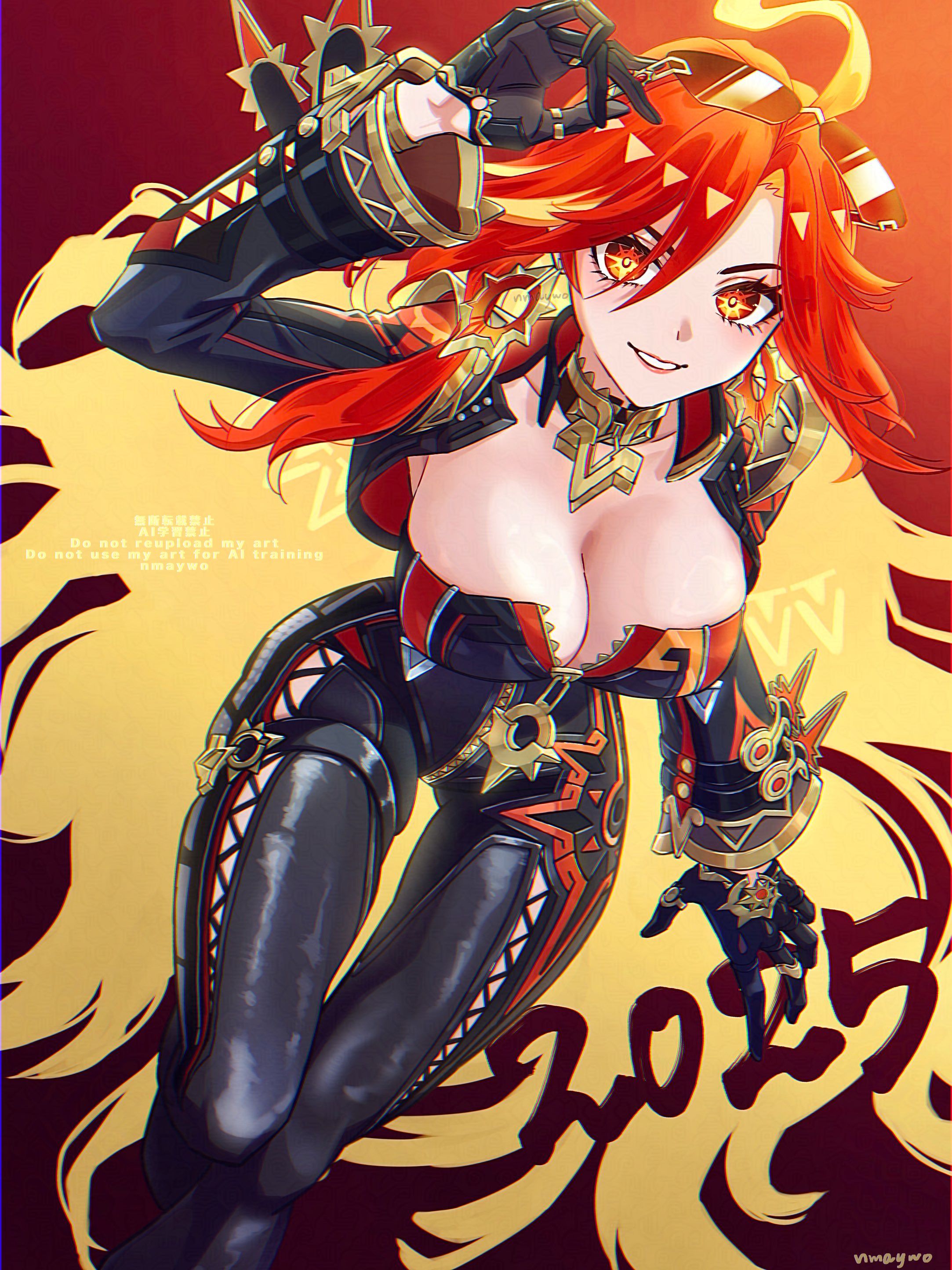 nmaywo, mavuika (genshin impact), genshin impact, absurdres, commentary request, highres, 1girl, ahoge, artist name, biker clothes, bikesuit, black bodysuit, black gloves, black jacket, blonde hair, bodysuit, breasts, cleavage, cropped legs, dated, dutch angle, eyewear on head, feet out of frame, gloves, jacket, large breasts, long hair, long sleeves, looking at viewer, multicolored hair, red eyes, red hair, smile, solo, sunglasses, watermark