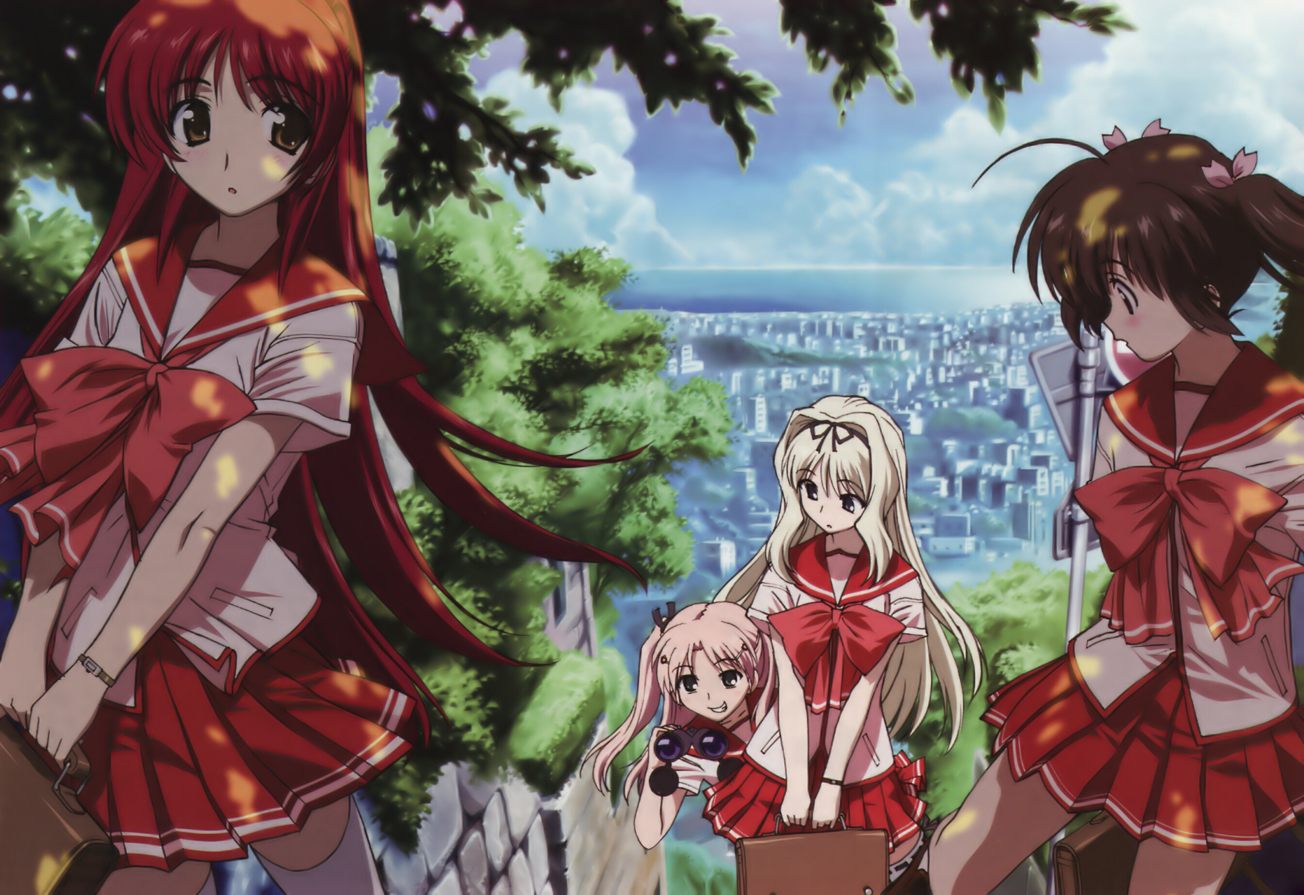 katsura ken'ichirou, kousaka tamaki, kusugawa sasara, maaryan (to heart), yuzuhara konomi, to heart (series), to heart 2, to heart 2 ad, brown footwear, white legwear, highres, official art, scan, 00s, 4girls, :o, ahoge, bag, binoculars, black hair, blonde hair, blue eyes, blush, bow, brick wall, briefcase, brown eyes, brown hair, building, cityscape, cloud, cowboy shot, dappled sunlight, day, grin, hair intakes, hair ornament, hair over shoulder, hair ribbon, hairband, hairclip, holding, leg lift, legs apart, loafers, long hair, looking at another, looking down, miniskirt, multiple girls, ocean, one side up, outdoors, parted bangs, parted lips, peeking, pink hair, pink ribbon, pocket, profile, red bow, red eyes, red hair, ribbon, ribbon-trimmed legwear, ribbon trim, road sign, school bag, school uniform, serafuku, shade, shoes, short sleeves, short twintails, sidelocks, sign, skirt, sky, skyscraper, smile, straight hair, sunlight, surprised, thighhighs, tree, tree shade, twintails, very long hair, walking, watch, water, white hair, wristwatch, zettai ryouiki