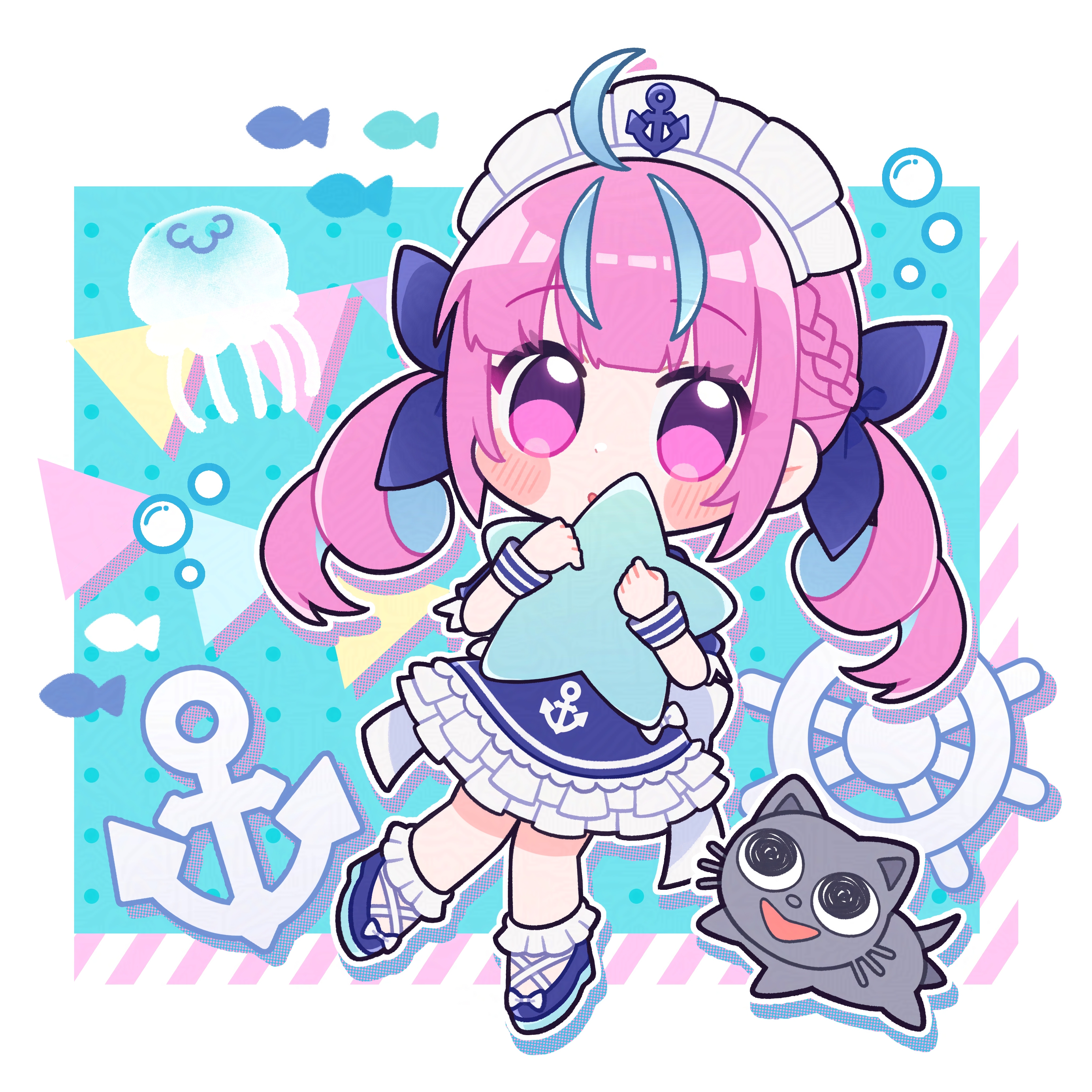 nekotaririn, minato aqua, minato aqua (1st costume), hololive, absurdres, commentary request, highres, 1girl, :o, ahoge, blue background, blue dress, blue hair, blue ribbon, blue shoes, blunt bangs, blush stickers, border, cat, chibi, chibi only, dress, frilled dress, frilled socks, frills, full body, hair ribbon, holding, holding star, long hair, looking at viewer, low twintails, maid headdress, multicolored hair, open mouth, outline, outside border, pink hair, ribbon, shoes, socks, solo, standing, star (symbol), streaked hair, twintails, two-tone hair, virtual youtuber, white border, white outline, white socks