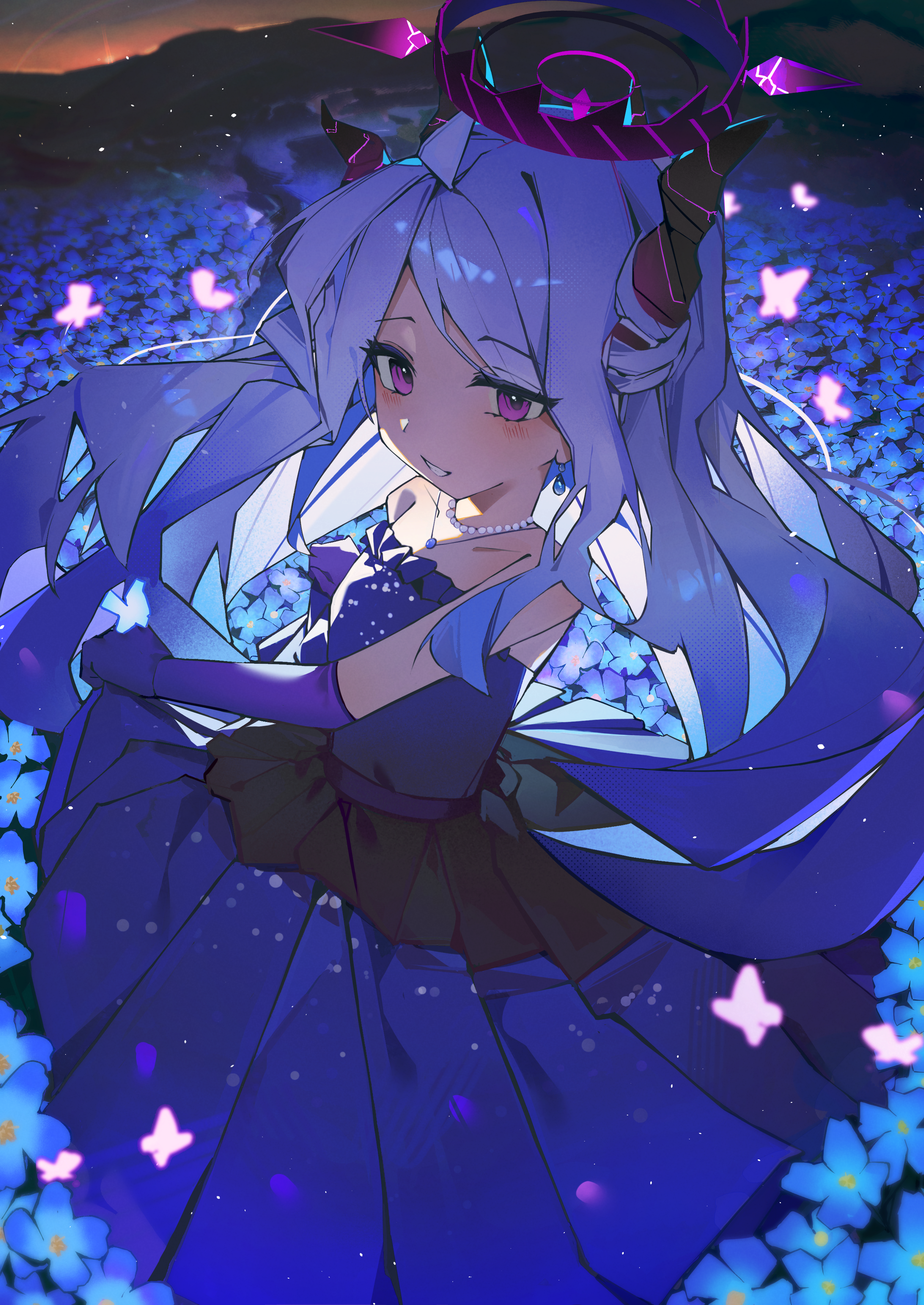 ayu (user xkhp7843), hina (blue archive), hina (dress) (blue archive), blue archive, absurdres, highres, 1girl, ahoge, bare shoulders, bead choker, beads, blush, demon girl, demon horns, dress, elbow gloves, field, flower, flower field, gloves, grey hair, horns, jewelry, long hair, looking at viewer, necklace, official alternate costume, parted lips, purple dress, purple eyes, purple flower, purple gloves, sidelocks, sleeveless, sleeveless dress, smile, solo, strapless, strapless dress