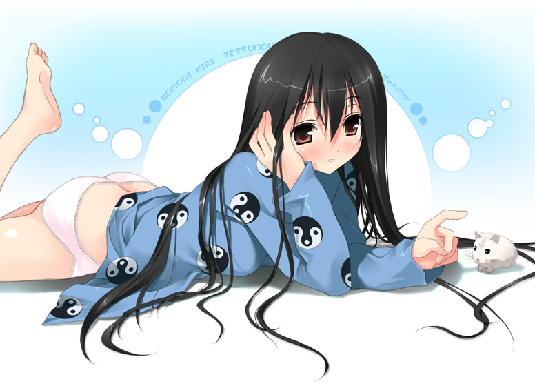 kantoku, komori kiri, sayonara zetsubou sensei, 00s, 1girl, barefoot, black hair, blush, feet, female focus, long hair, lying, on stomach, panties, red eyes, smile, soles, solo, the pose, underwear, white panties