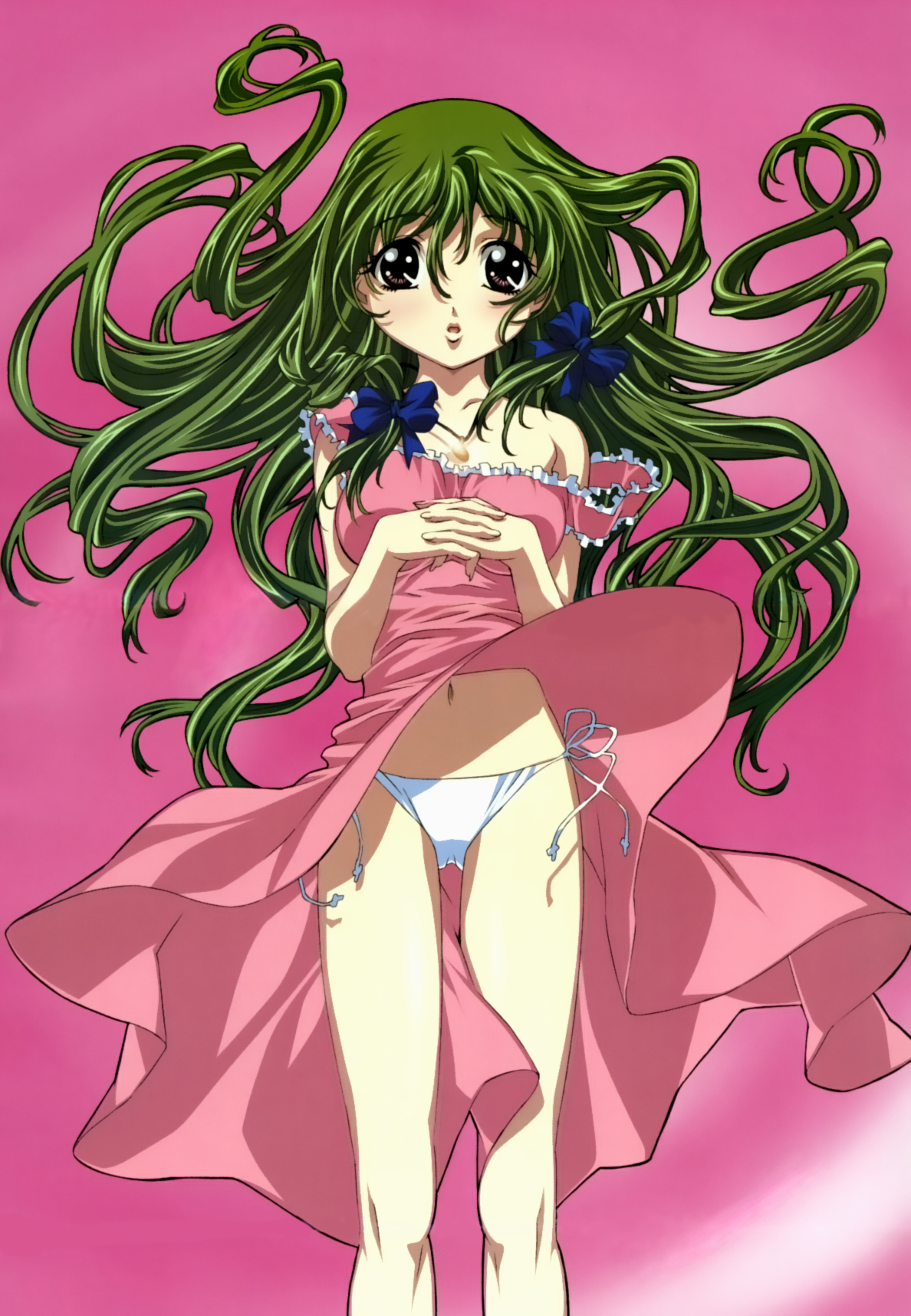 highres, 1girl, brown eyes, female focus, green hair, panties, solo, underwear