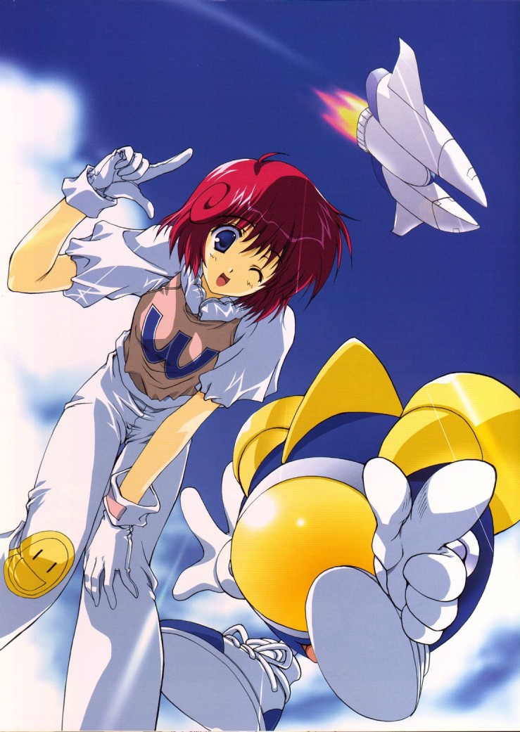 mitsumi misato, smiley, pastel (twinbee), twinbee (character), vic viper, gradius, parodius, twinbee, scan, 1990s (style), 1girl, ;), ;d, bent over, blue eyes, blush, cloud, day, flat chest, from below, gloves, hand on own knee, lens flare, looking at viewer, looking down, mecha, one eye closed, open mouth, outdoors, pants, pointing, red hair, retro artstyle, robot, shoes, short hair, sky, smile, smiley face, sneakers, spacecraft, standing, wink