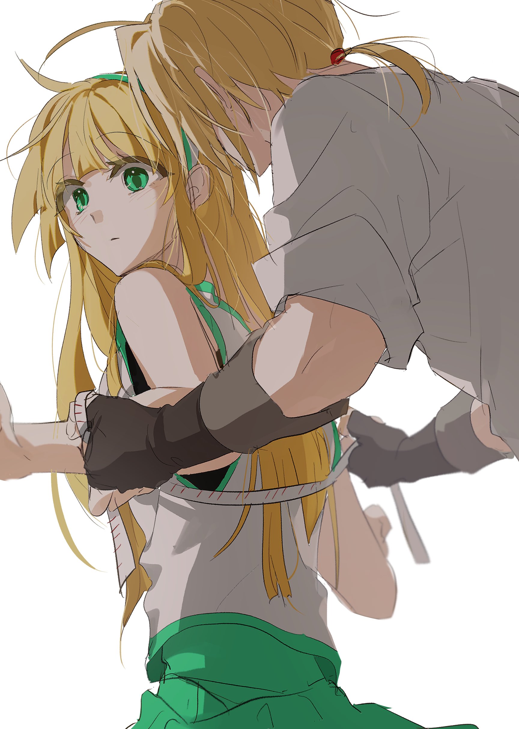 zombie high school, absurdres, highres, 1boy, 1girl, ahoge, black gloves, blonde hair, closed mouth, fingerless gloves, gloves, green eyes, green skirt, hairband, long hair, measuring, nam seon-ji, opennep, pak chan-yeong, ponytail, shirt, simple background, skirt, sleeveless, tape measure, white background, white shirt