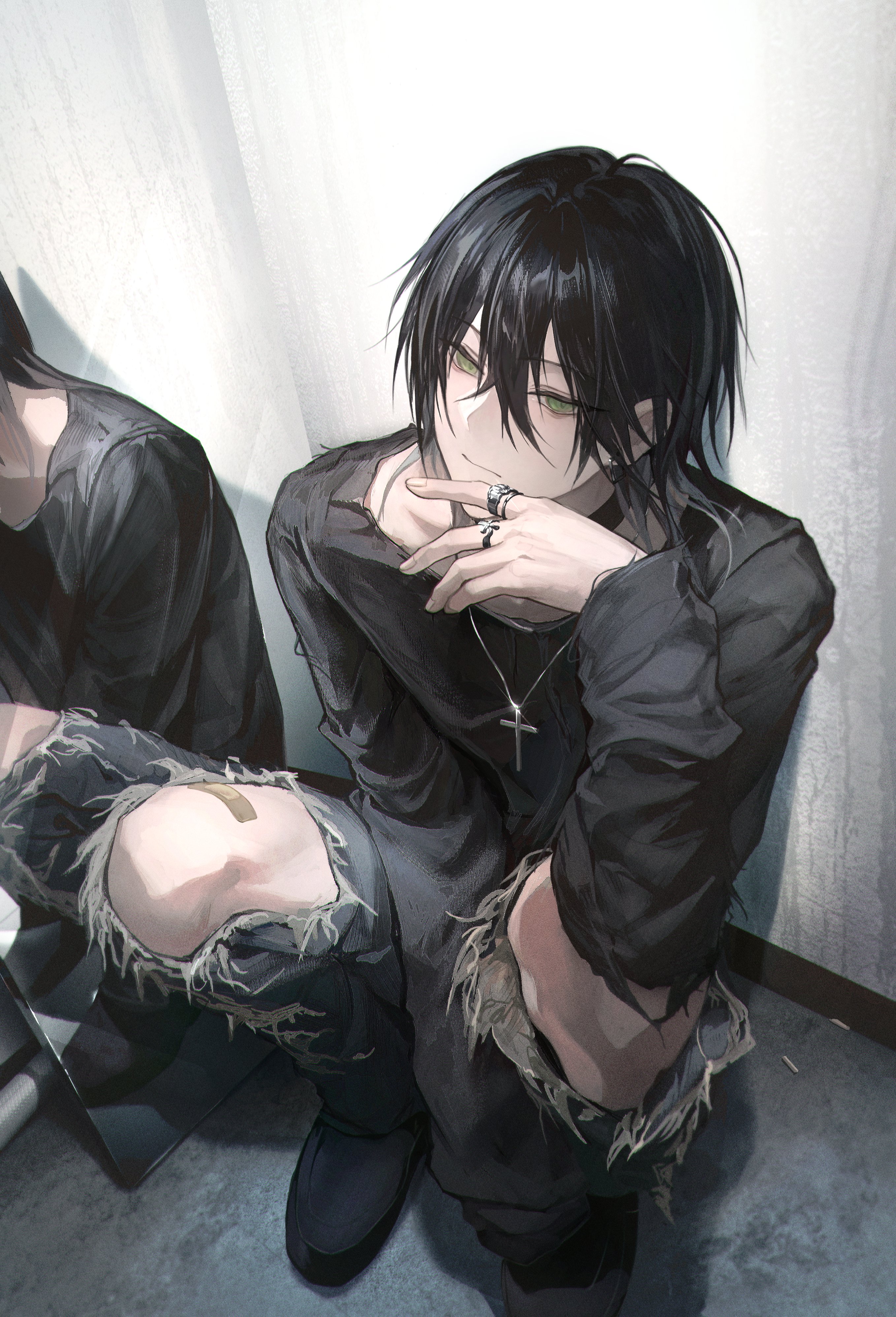 kkamiiz, original, absurdres, highres, 1boy, black hair, black shirt, black shoes, closed mouth, cross, cross necklace, grey eyes, grey pants, hair between eyes, jewelry, long sleeves, male focus, medium hair, mirror, necklace, pants, ring, shirt, shoes, sitting, solo, torn clothes, torn pants
