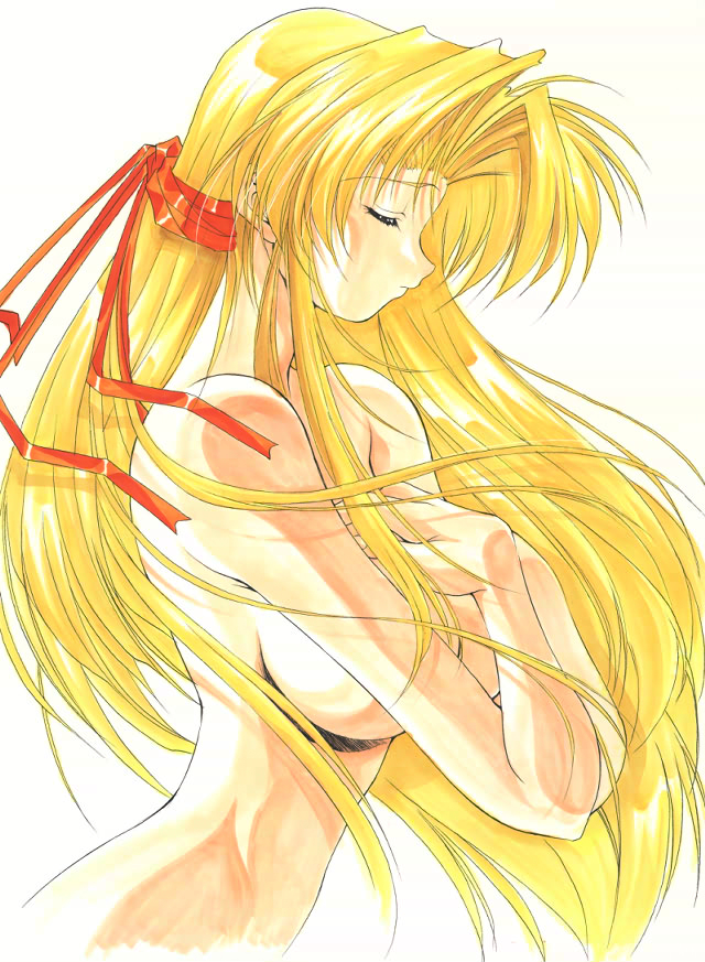 asuka keisuke, shirufana, lunar wing, 1girl, blonde hair, breasts, female focus, large breasts, nude, solo