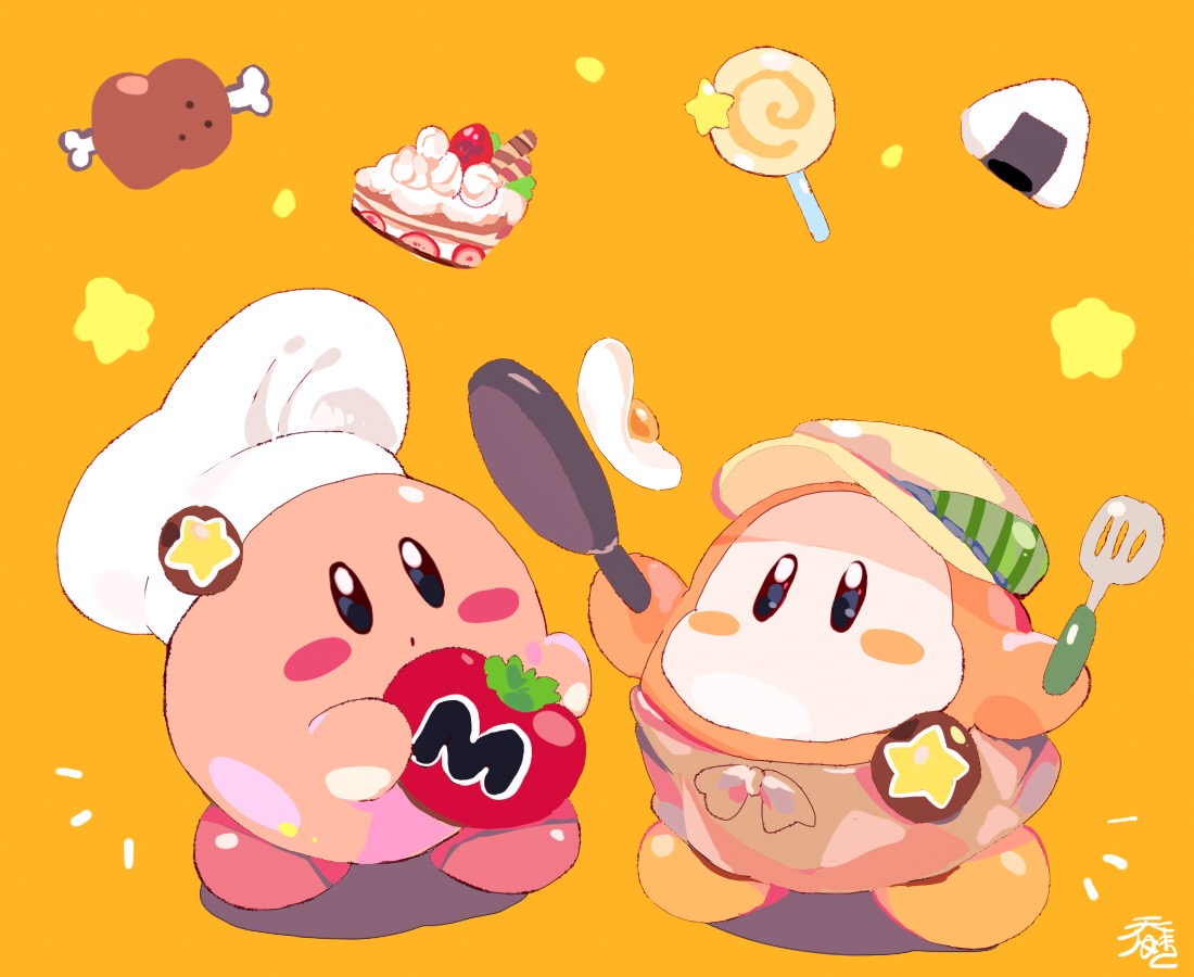 amakawa tamawo, kirby, waddle dee, kirby (series), nintendo, commentary, blue eyes, blush stickers, boned meat, brown hat, cake, cake slice, chef hat, closed mouth, food, frying pan, hat, holding, holding frying pan, holding spatula, invincible candy, meat, no humans, onigiri, signature, simple background, spatula, star (symbol), white hat, yellow background
