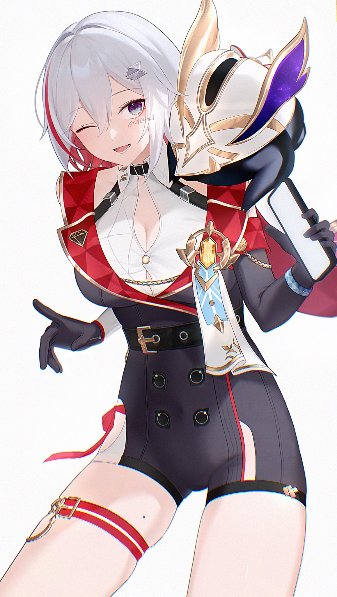 nei00nei, numby (honkai: star rail), topaz (honkai: star rail), trotter (honkai: star rail), honkai: star rail, honkai (series), commentary request, highres, 1girl, artist name, belt, black belt, black bodysuit, black collar, black gloves, blue eyes, blush, bodysuit, bracelet, breasts, buttons, cellphone, cleavage cutout, clothing cutout, collar, collared shirt, colored inner hair, cowboy shot, creature, gem, gloves, hair between eyes, hair ornament, hand up, holding, holding phone, jewelry, lapels, looking at another, medium breasts, mole, mole on thigh, multicolored eyes, multicolored hair, one eye closed, open mouth, pet, phone, purple eyes, red hair, red ribbon, ribbon, shirt, short hair, simple background, smartphone, smile, standing, teeth, thigh strap, white background, white hair, white shirt, yellow gemstone