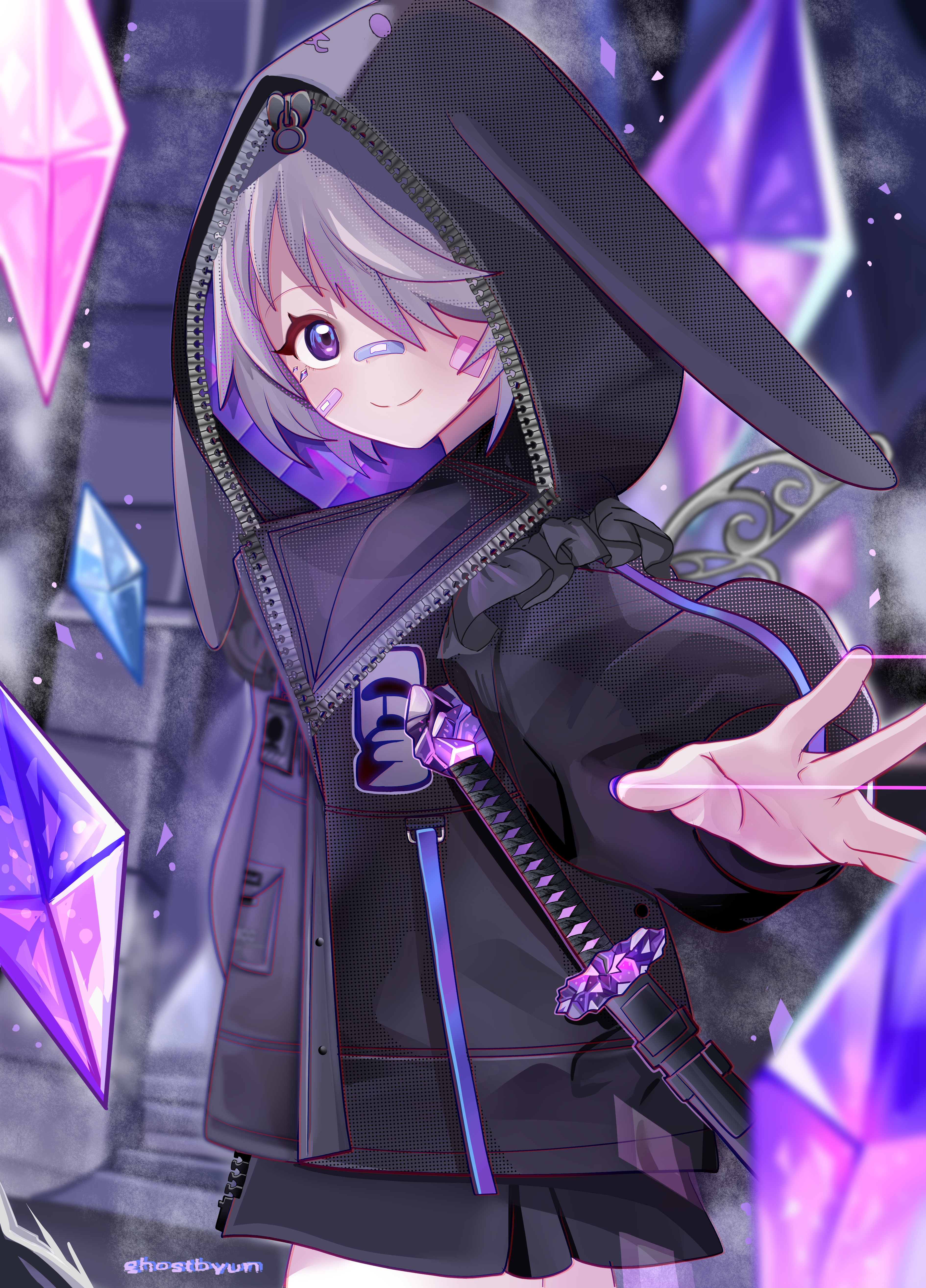 ghosttbyun, koseki bijou, koseki bijou (casual), hololive, hololive english, absurdres, commentary, english commentary, highres, 1girl, bandaid, bandaid on cheek, bandaid on face, bandaid on nose, black jacket, black skirt, closed mouth, hair over one eye, hood, hood up, jacket, katana, looking at viewer, metal wings, miniskirt, official alternate costume, official alternate hair length, official alternate hairstyle, outstretched arm, purple eyes, purple hair, reaching, reaching towards viewer, sheath, sheathed, short hair, skirt, smile, solo, swept bangs, sword, virtual youtuber, weapon