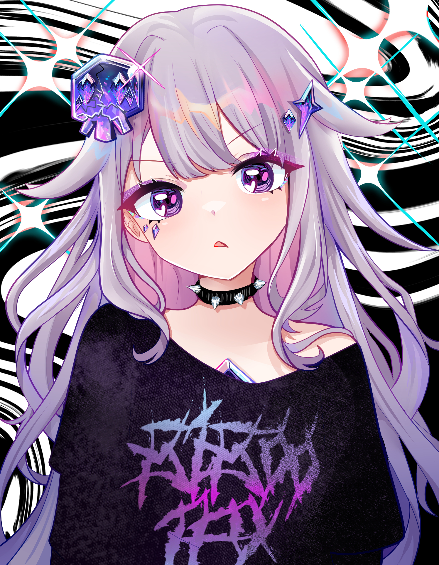 ghosttbyun, koseki bijou, hololive, hololive english, commentary, english commentary, highres, 1girl, black collar, black shirt, center-flap bangs, chest jewel, collar, colored inner hair, double-parted bangs, gem, gem hair ornament, gradient hair, hair flaps, hair ornament, jewel under eye, long hair, long sleeves, looking at viewer, multicolored hair, open mouth, pink hair, print shirt, purple eyes, purple gemstone, purple hair, shirt, sidelocks, skull hair ornament, solo, spiked collar, spikes, triangle mouth, upper body, very long hair, virtual youtuber