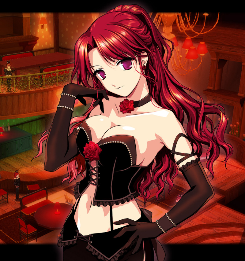 rua, mabinogi, duplicate, 1girl, choker, corset, elbow gloves, female focus, front-tie top, gloves, goth fashion, long hair, purple eyes, red hair, solo