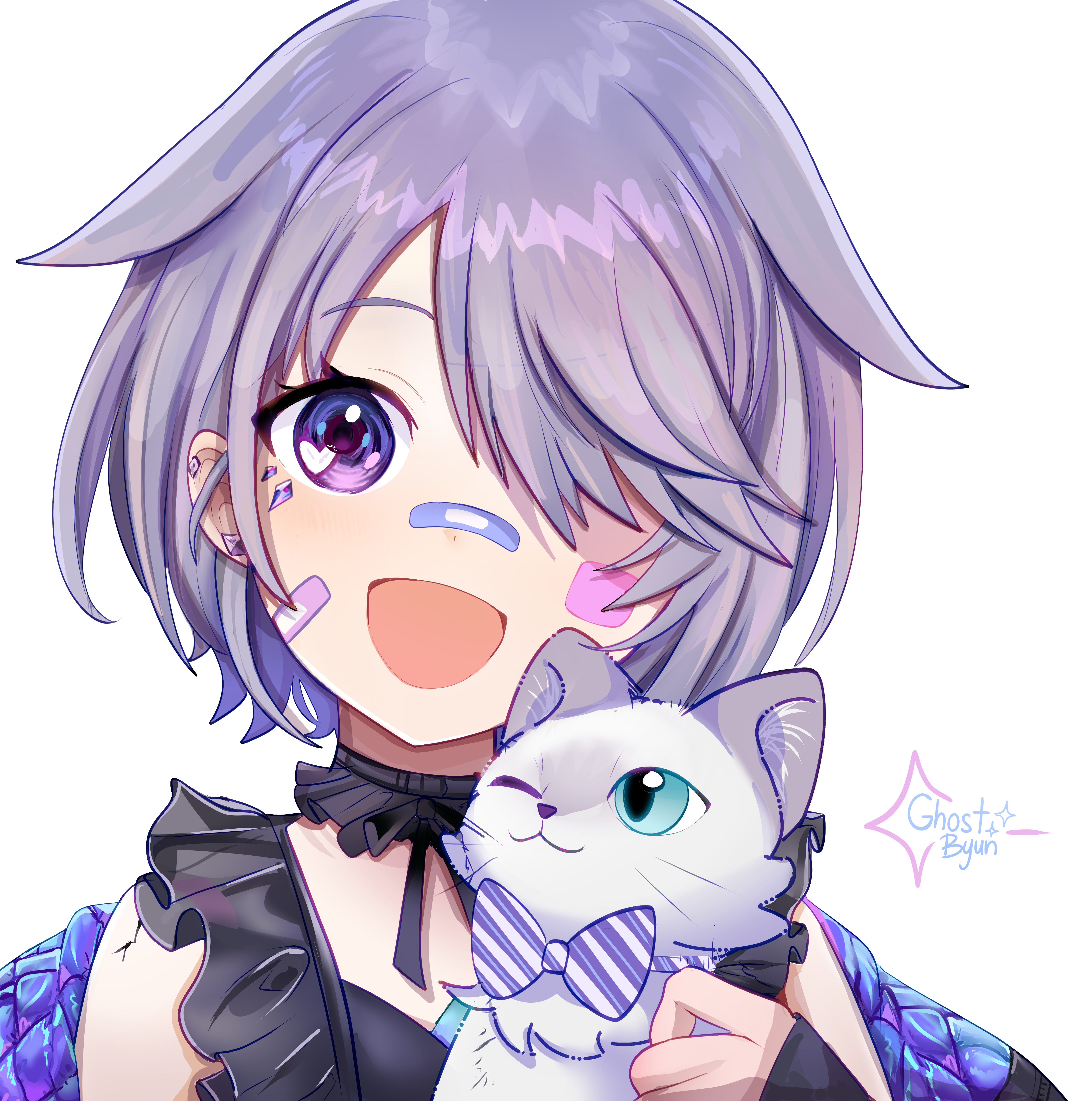 ghosttbyun, john cat (koseki bijou), koseki bijou, koseki bijou (casual), hololive, hololive english, absurdres, commentary, english commentary, highres, 1girl, :d, artist name, baby animal, bandaid, bandaid on cheek, bandaid on face, bandaid on nose, black shirt, bow, bowtie, cat, collar, cracked skin, detached collar, frilled collar, frilled shirt, frills, grey hair, hair over one eye, jewel under eye, kitten, material growth, official alternate costume, official alternate hair length, official alternate hairstyle, open mouth, purple eyes, quilted jacket, shirt, short hair, simple background, smile, striped bow, striped bowtie, striped clothes, virtual youtuber, white background