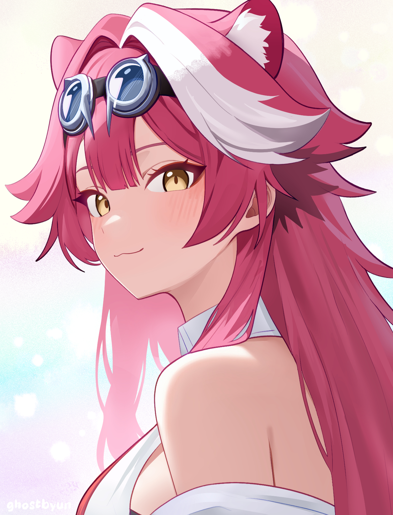 ghosttbyun, raora panthera, raora panthera (1st costume), hololive, hololive english, commentary, english commentary, highres, 1girl, :3, animal ears, bare shoulders, blush, breasts, closed mouth, extra ears, goggles, goggles on head, gradient background, hair intakes, long hair, looking at viewer, multicolored hair, panther ears, panther girl, pink hair, shirt, sleeveless, sleeveless shirt, smile, solo, streaked hair, tail, two-tone hair, virtual youtuber, white hair, white shirt, yellow eyes