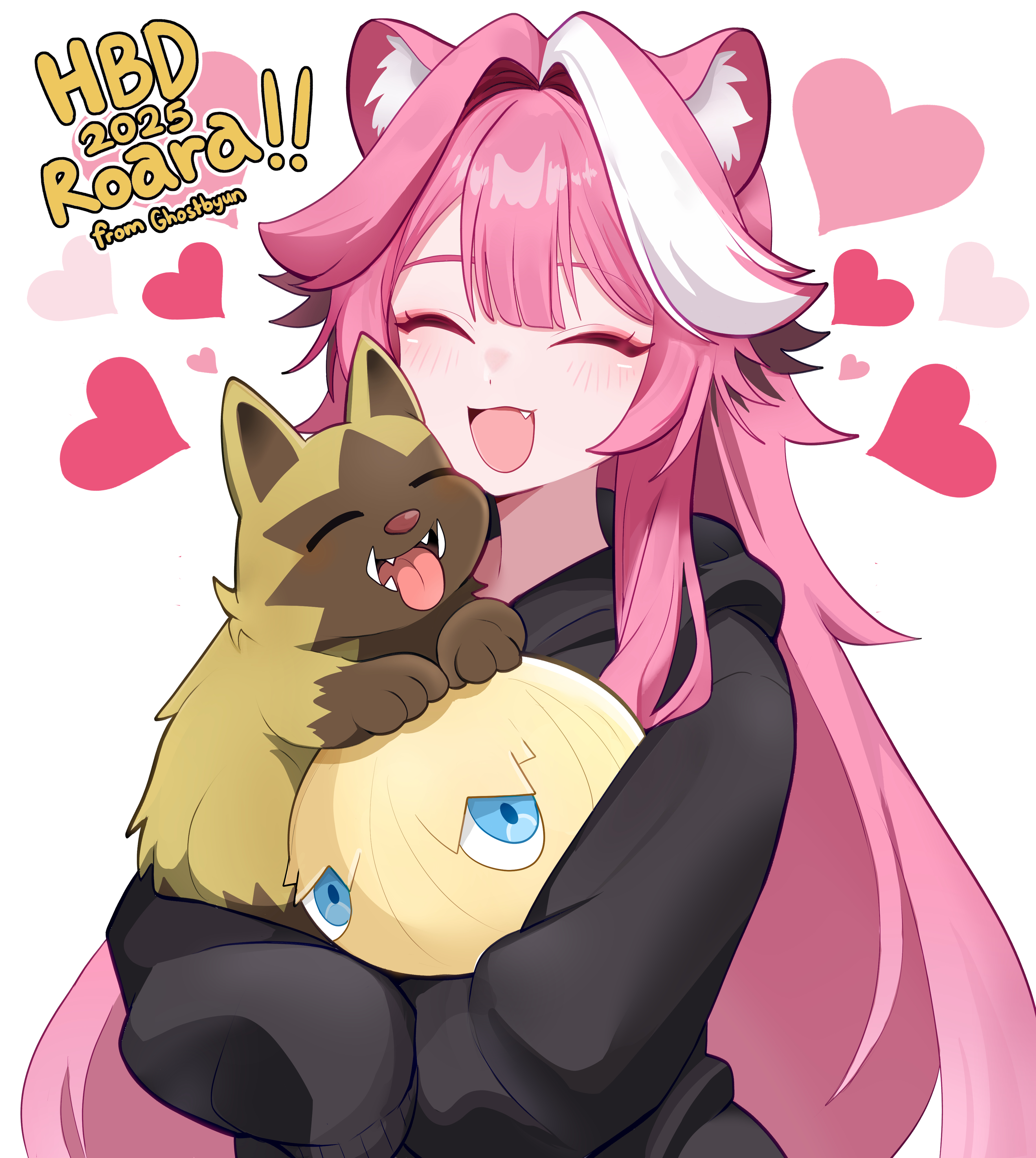 ghosttbyun, poochyena, raora panthera, silcoon, hololive, hololive english, nintendo, pokemon, absurdres, commentary, english commentary, highres, 1girl, alternate color, alternate costume, animal ears, artist name, black hoodie, blue eyes, blush, closed eyes, eyeshadow, fang, gen 3 pokemon, hair intakes, happy birthday, heart, holding, holding pokemon, hood, hoodie, long hair, long sleeves, makeup, multicolored hair, open mouth, panther ears, panther girl, panther tail, pink eyeshadow, pink hair, pokemon (creature), shiny pokemon, simple background, sleeves past fingers, sleeves past wrists, smile, streaked hair, tail, tongue, tongue out, two-tone hair, virtual youtuber, white background, white hair
