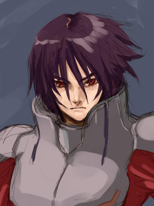 shinn asuka, gundam, gundam seed, gundam seed destiny, 00s, 1boy, armor, blue background, closed mouth, frown, hair between eyes, looking at viewer, male focus, purple hair, red eyes, sketch, solo, upper body