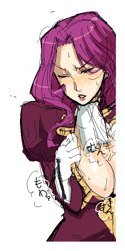 mumu, cornelia li britannia, code geass, 00s, blush, breasts, cleavage, coat, gloves, large breasts, long hair, oekaki, purple hair, solo, sweat