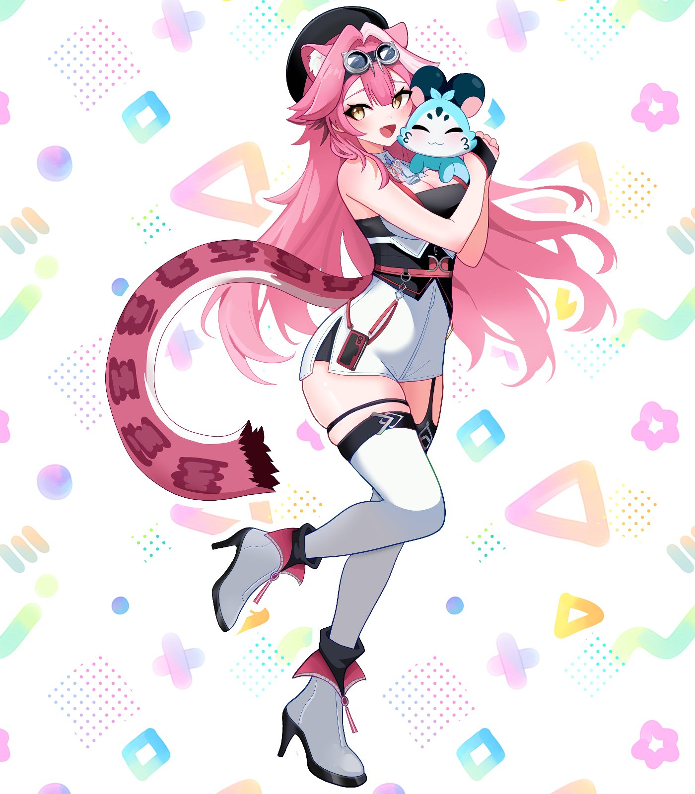 ghosttbyun, chattino (raora panthera), raora panthera, raora panthera (1st costume), hololive, hololive english, commentary, english commentary, highres, 1girl, :d, animal ears, beret, black corset, black hat, black shirt, boots, breasts, center-flap bangs, cleavage, corset, double-parted bangs, extra ears, fold-over boots, full body, goggles, goggles on head, hat, high-waist shorts, high heel boots, high heels, large breasts, long hair, looking at viewer, multicolored hair, open mouth, panther ears, panther girl, panther tail, pink hair, shirt, shorts, sidelocks, smile, solo, standing, standing on one leg, streaked hair, tail, thigh strap, thighhighs, underbust, very long hair, vest, virtual youtuber, white boots, white hair, white shorts, white thighhighs, white vest, yellow eyes