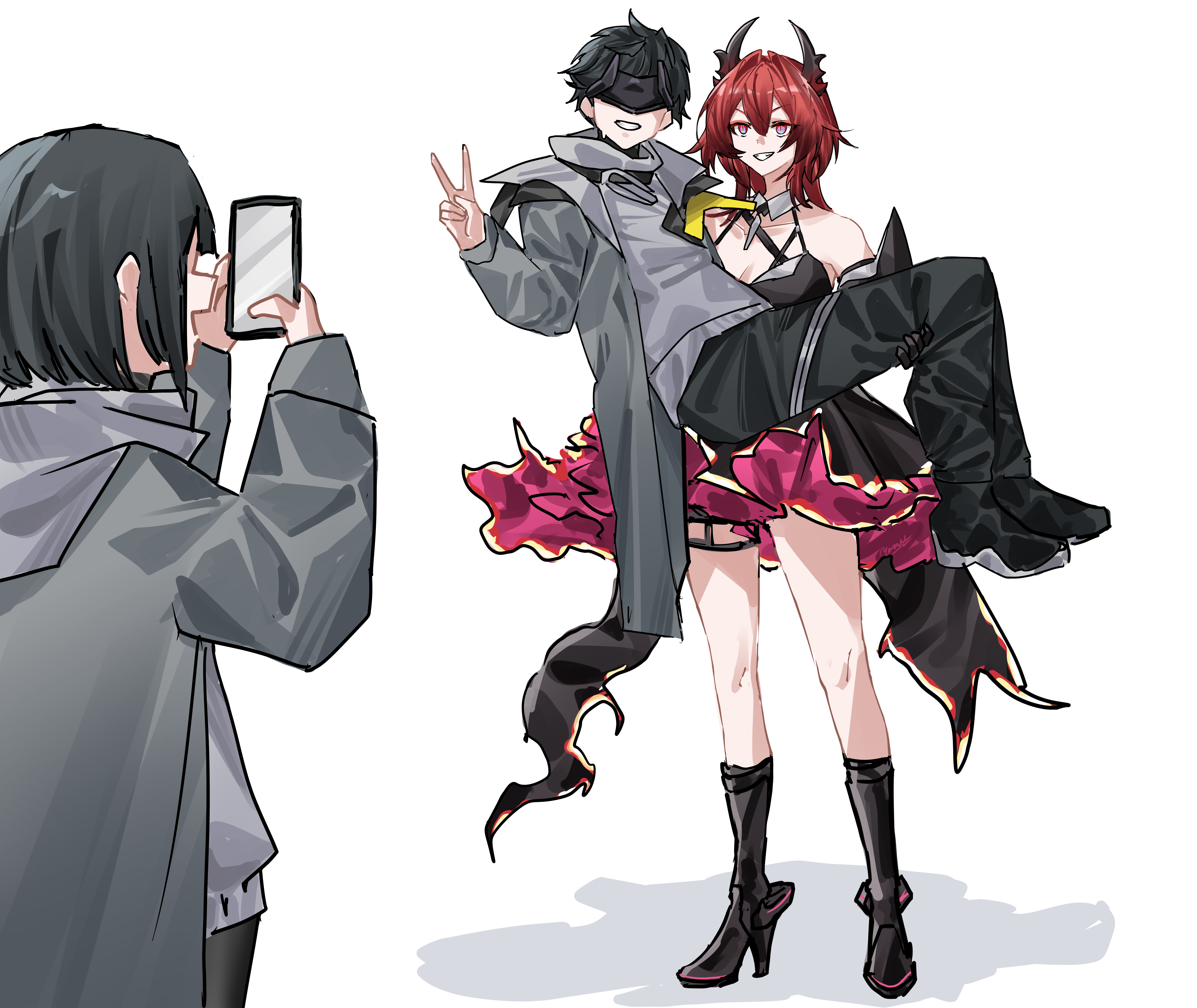 yazu (zoddiacz), endministrator (arknights), female endministrator (arknights), laevatein (arknights), male endministrator (arknights), surtr (arknights), arknights, arknights: endfield, absurdres, commentary, english commentary, highres, 1boy, 2girls, bare shoulders, black hair, black pants, boots, brown boots, carrying, cellphone, coat, dress, grey coat, grey shirt, holding, holding phone, horns, long hair, mask, medium hair, multiple girls, open clothes, open coat, pants, phone, princess carry, red hair, shirt, short hair, simple background, smartphone, v, white background