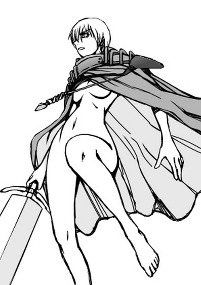 claymore (series), jean, 00s, 1girl, barefoot, bottomless, breasts, cape, claymore (sword), feet, female focus, greyscale, monochrome, short hair, simple background, solo, sword, underboob, weapon, wide hips