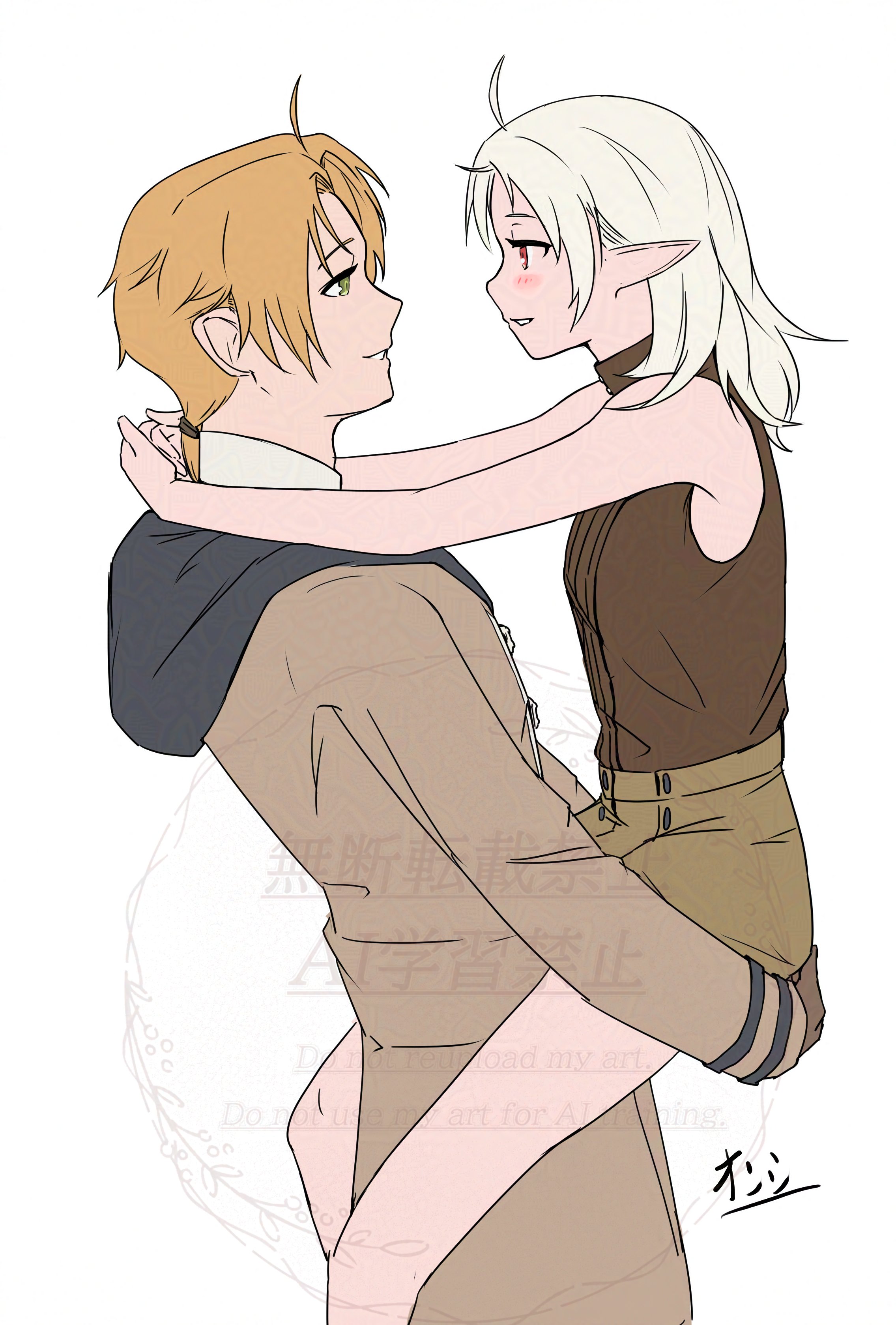 onshi 6641, rudeus greyrat, sylphiette (mushoku tensei), mushoku tensei, absurdres, highres, 1boy, 1girl, ahoge, blush, carrying, carrying person, elf, green eyes, pointy ears, red eyes, smile, white hair